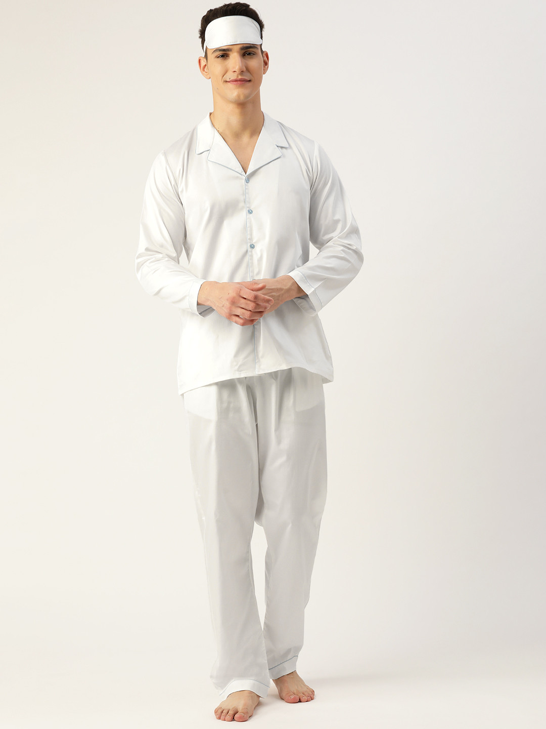 Rapra The Label Men White Solid Pure Cotton Pyjamas Set with Sleeping Eye Mask
