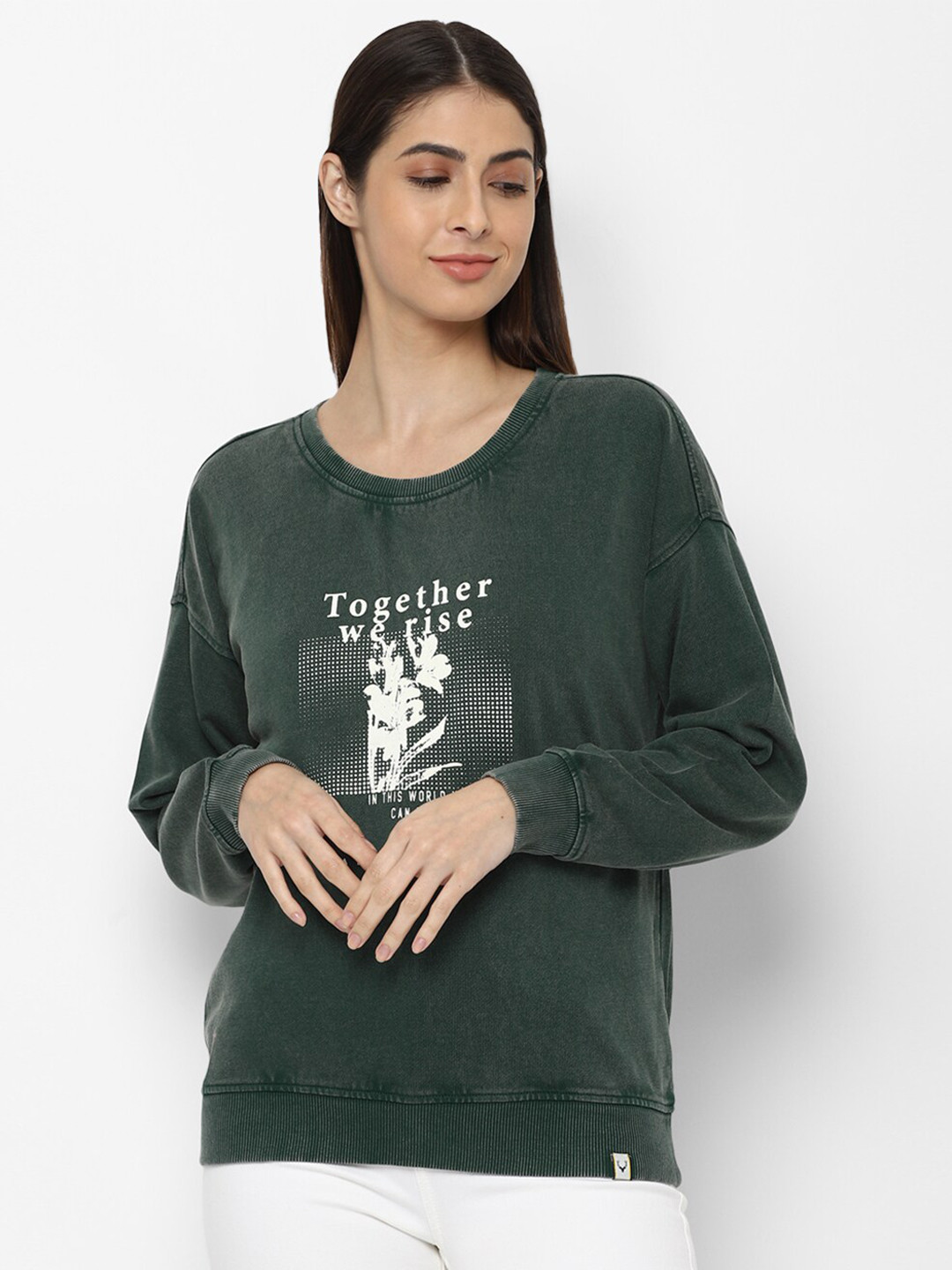 Allen Solly Woman Women Green & White Printed Pure Cotton Sweatshirt