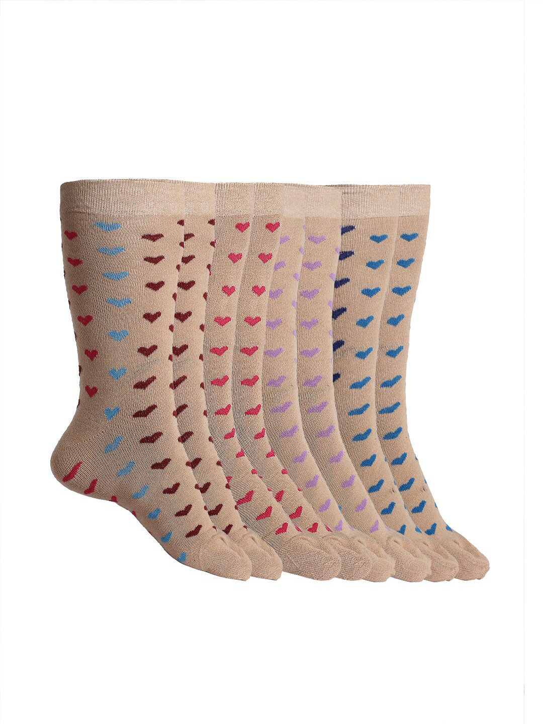Texlon Women Pack of 5 Beige & Pink Patterned Calf-Length Thumb Socks