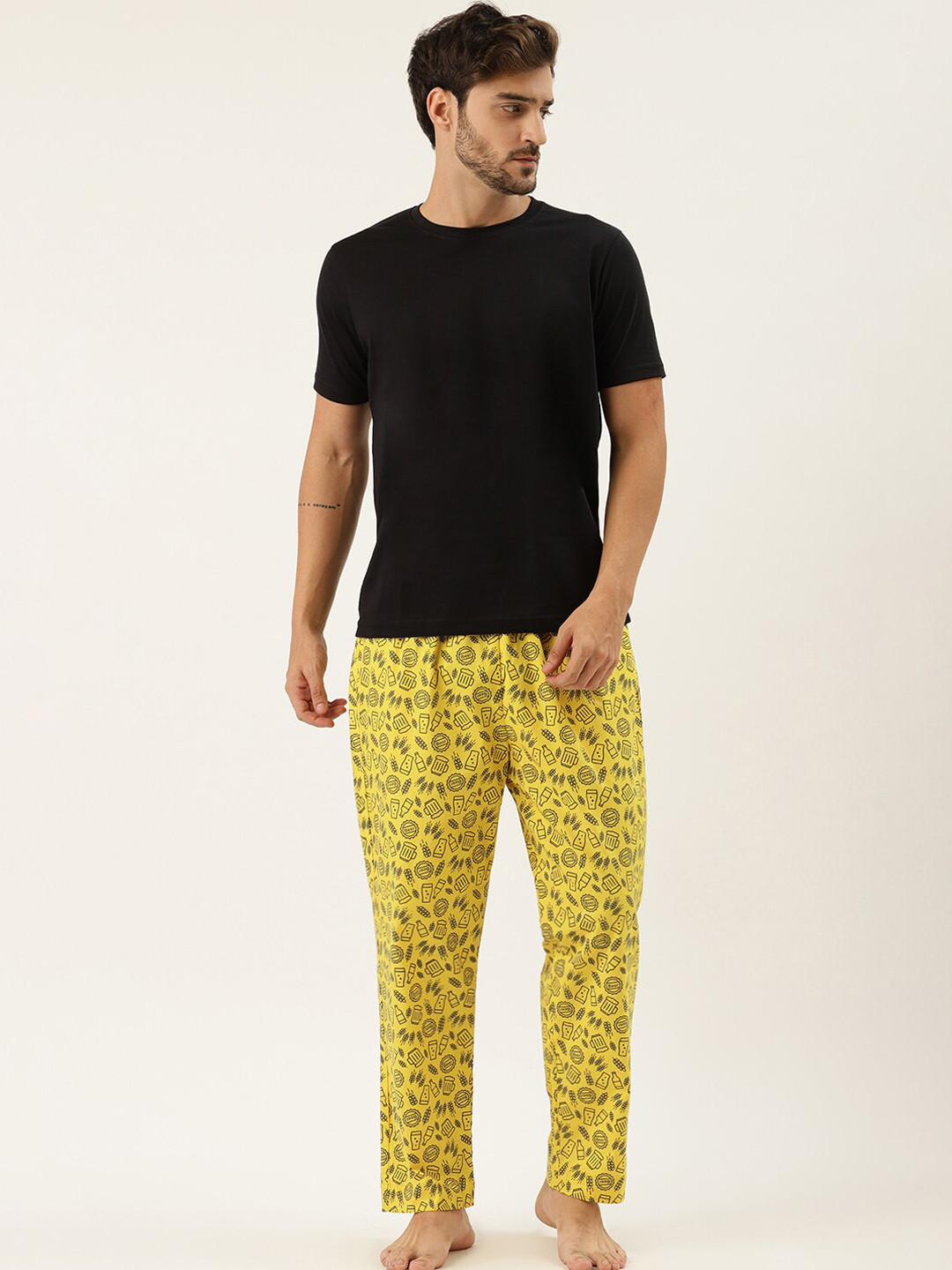 Rapra The Label Men Mustard Yellow Printed Lounge Pants