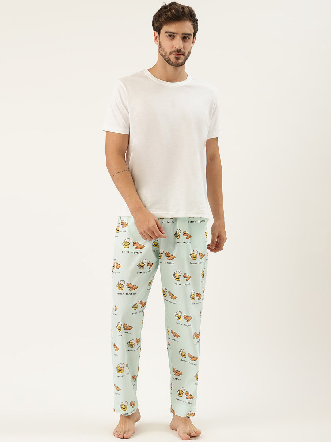 Rapra The Label Men Turquoise Blue Cotton Graphic Printed Lounge Pants