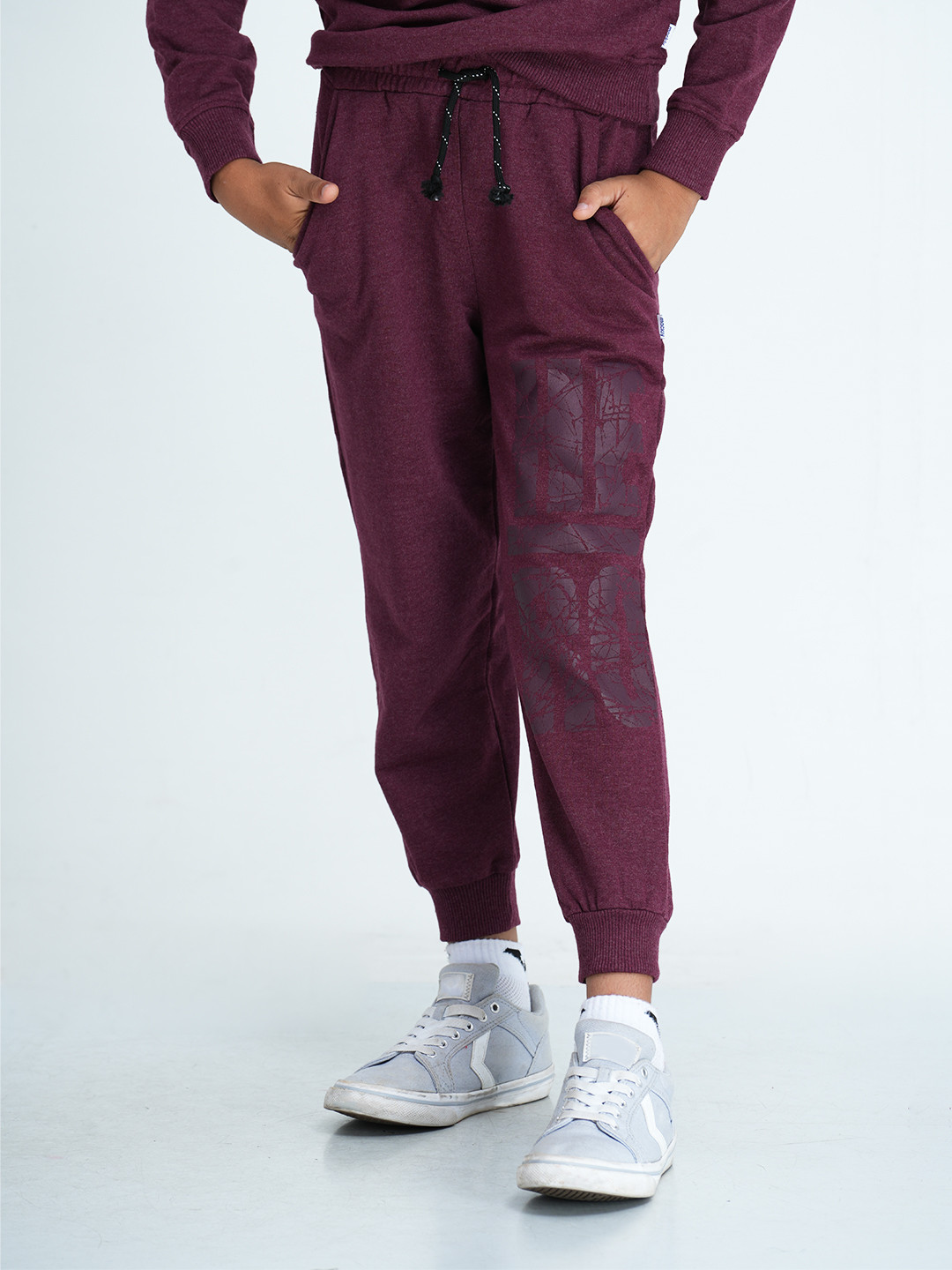mackly Boys Maroon & Navy Blue Typography Printed Track Pants
