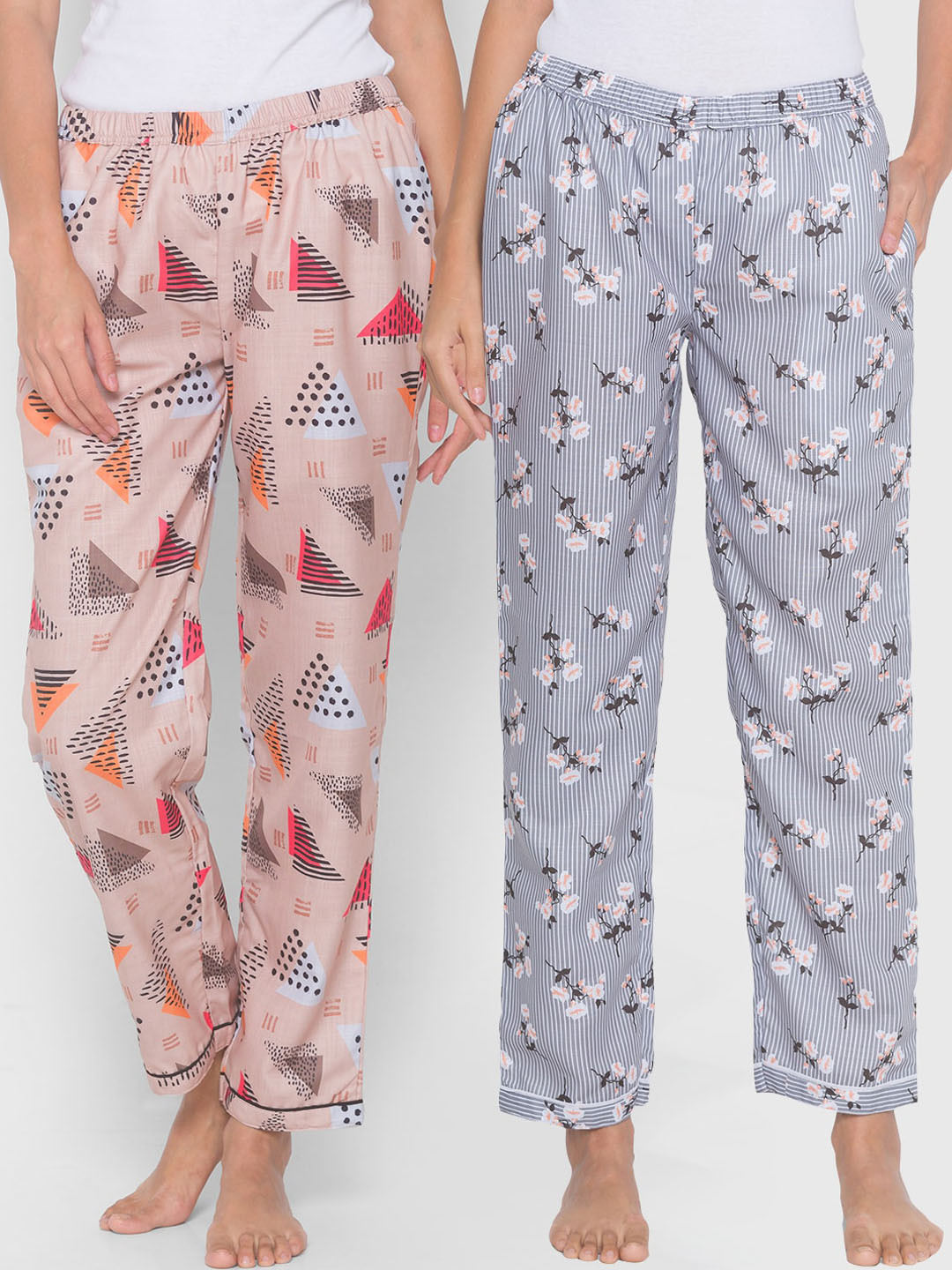 FashionRack Women Grey & Beige Pack of 2 Printed Track Pants