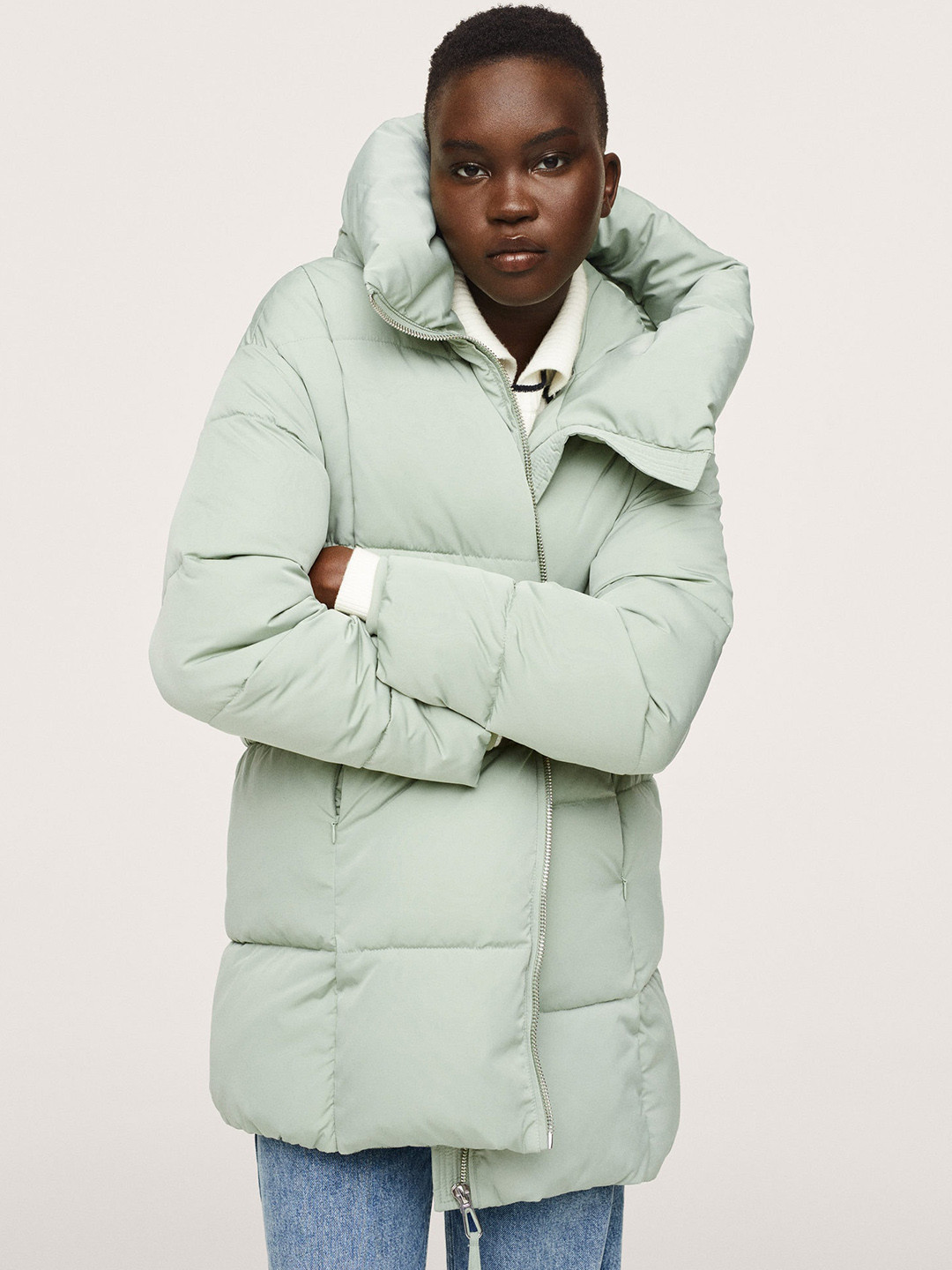 MANGO Women Green ANORAK TOKYO Longline Hooded Padded Jacket