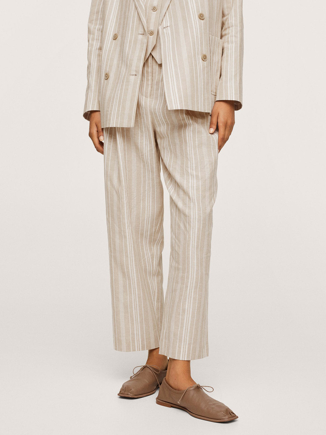 MANGO Women Beige &  White Striped Formal Trousers with Belt