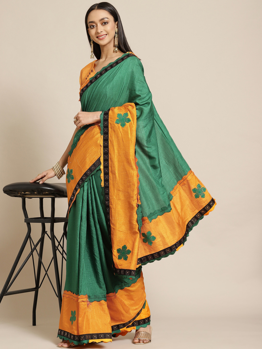 Mitera Yellow & Green Solid Saree