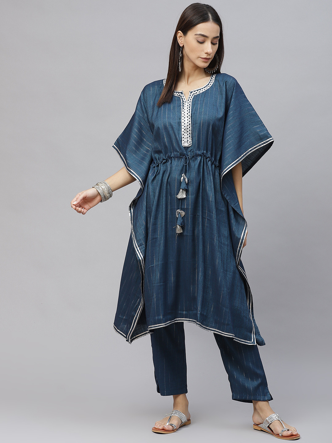 Laado - Pamper Yourself Teal Blue & Silver Striped Lurex Pleated Kaftan Kurta & Palazzos