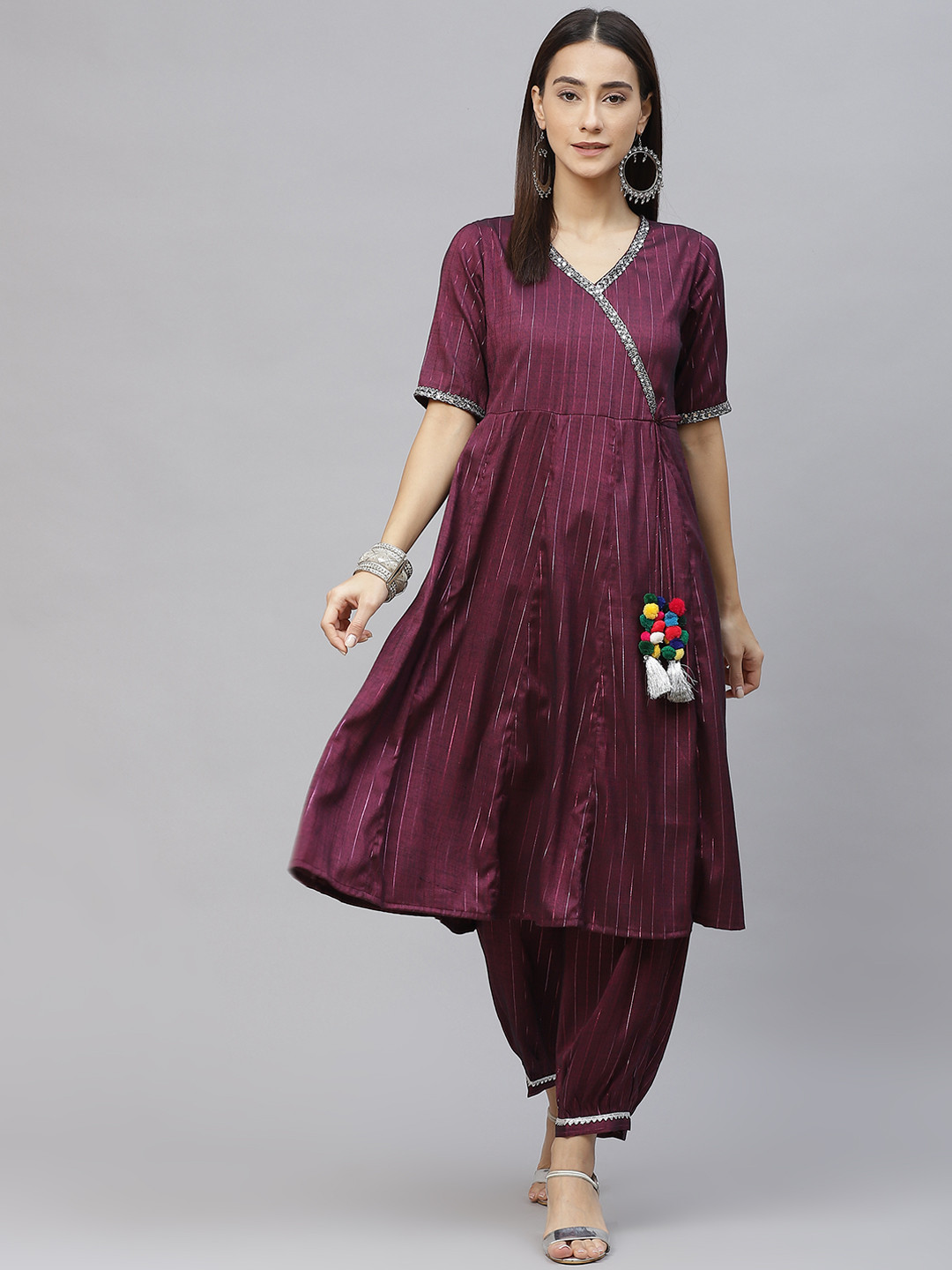 Laado - Pamper Yourself Burgundy & Silver Striped Lurex Angrakha Kurta & Afgan Salwar