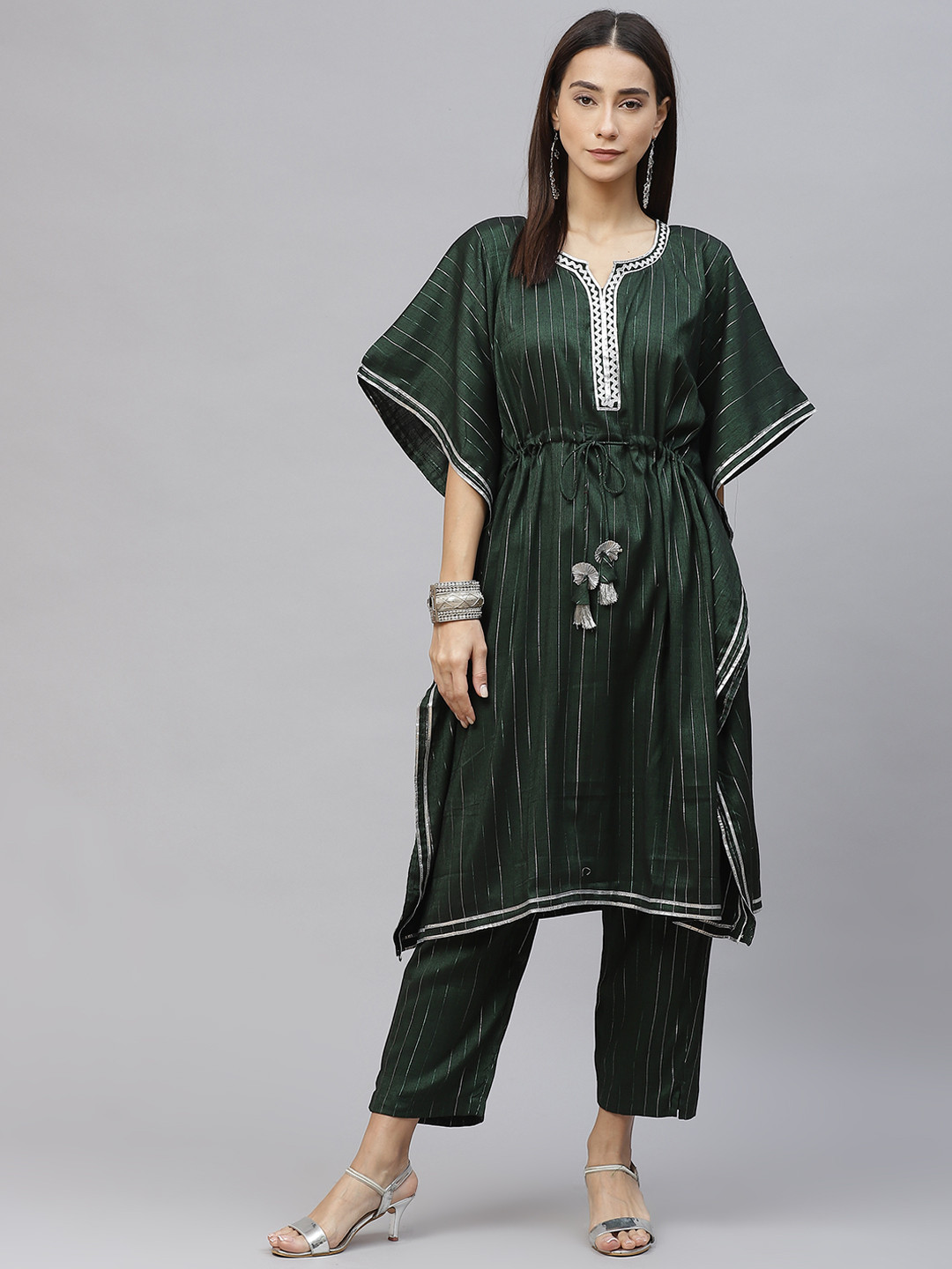 Laado - Pamper Yourself Women Green & Silver Striped Lurex Pleated Kaftan Kurta & Palazzos