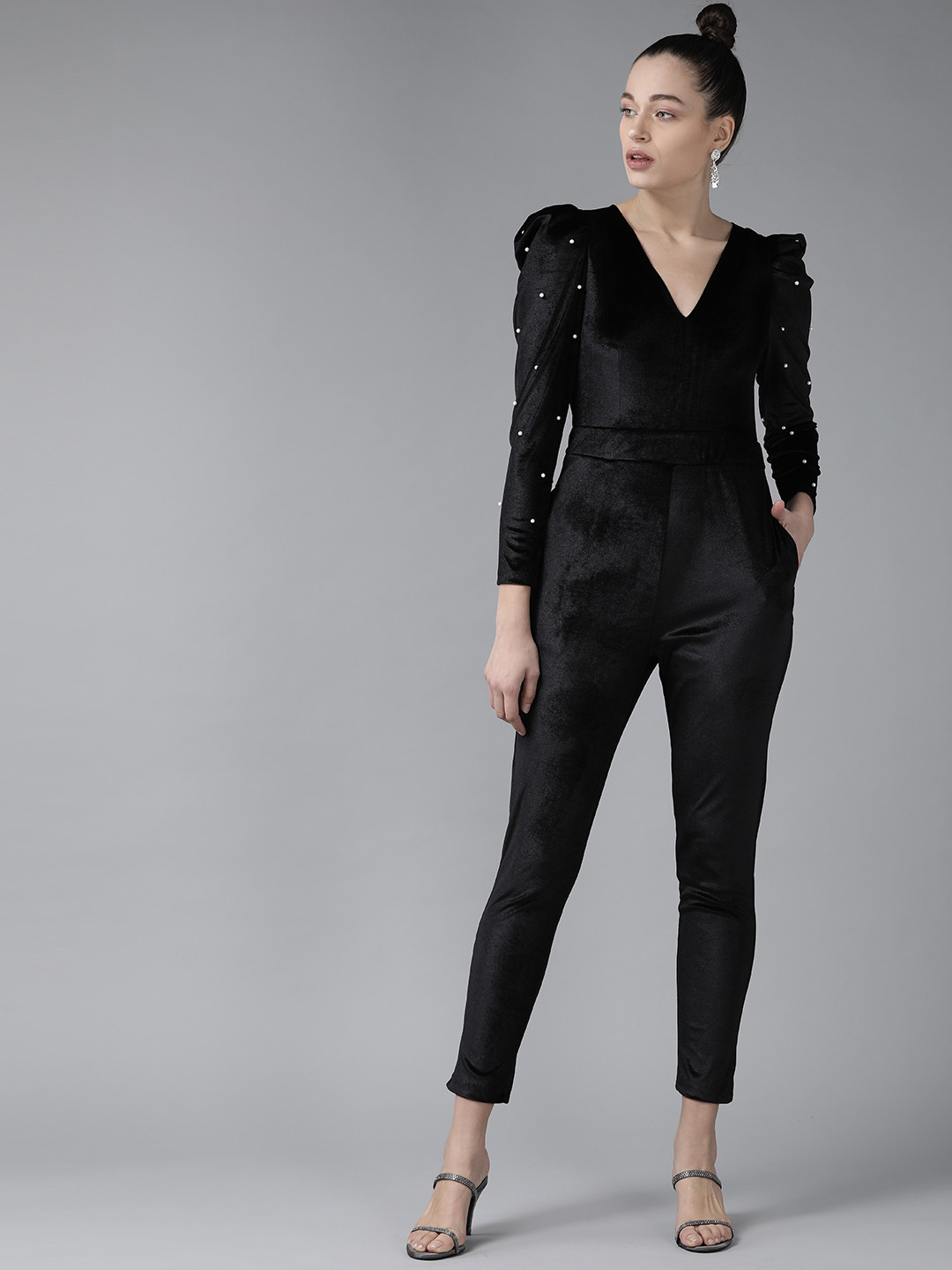 KASSUALLY Women Black V-Neck Solid Basic Jumpsuit with Embellishment