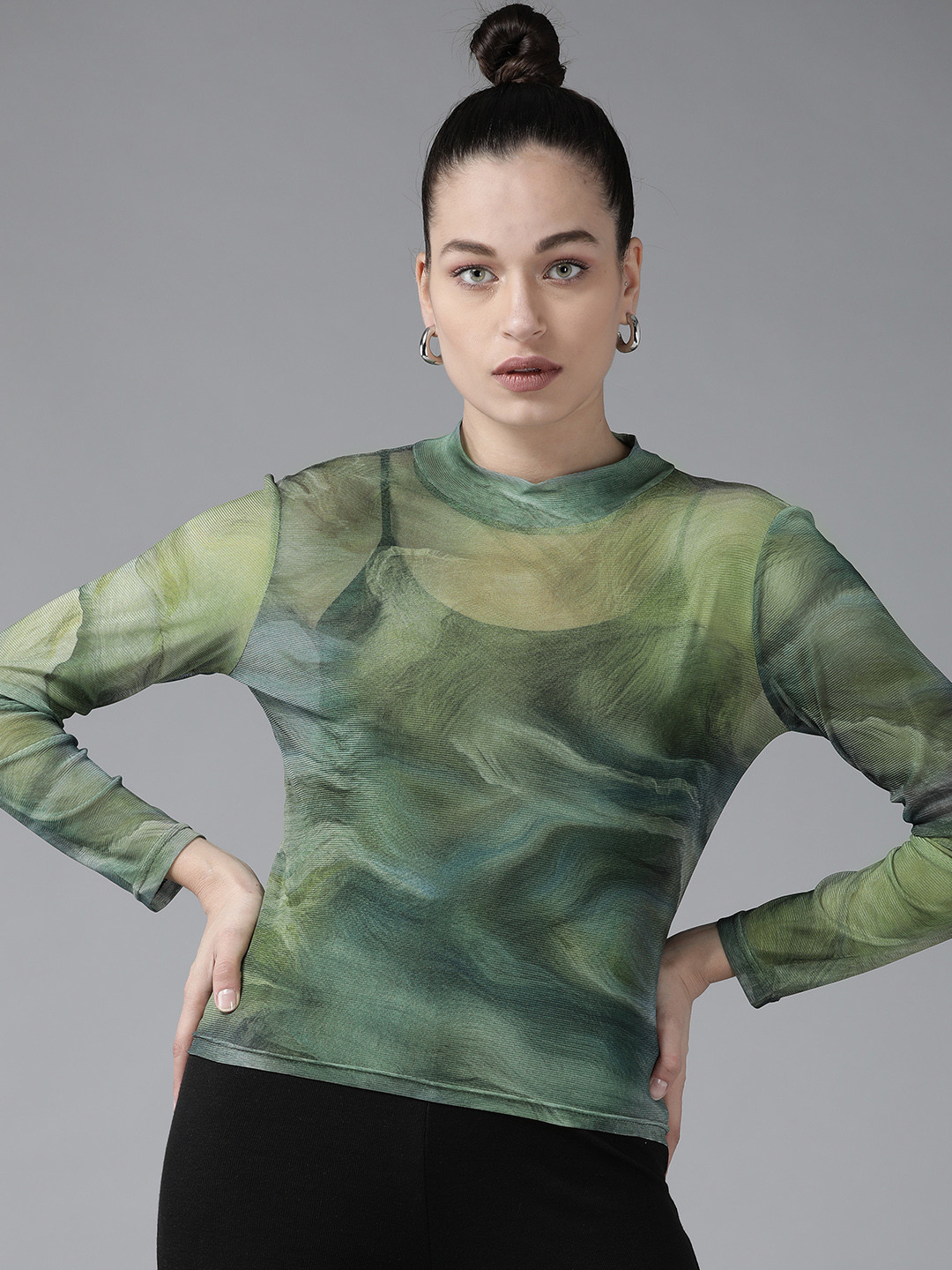 KASSUALLY Women Green Tie and Dye High Neck Regular Top