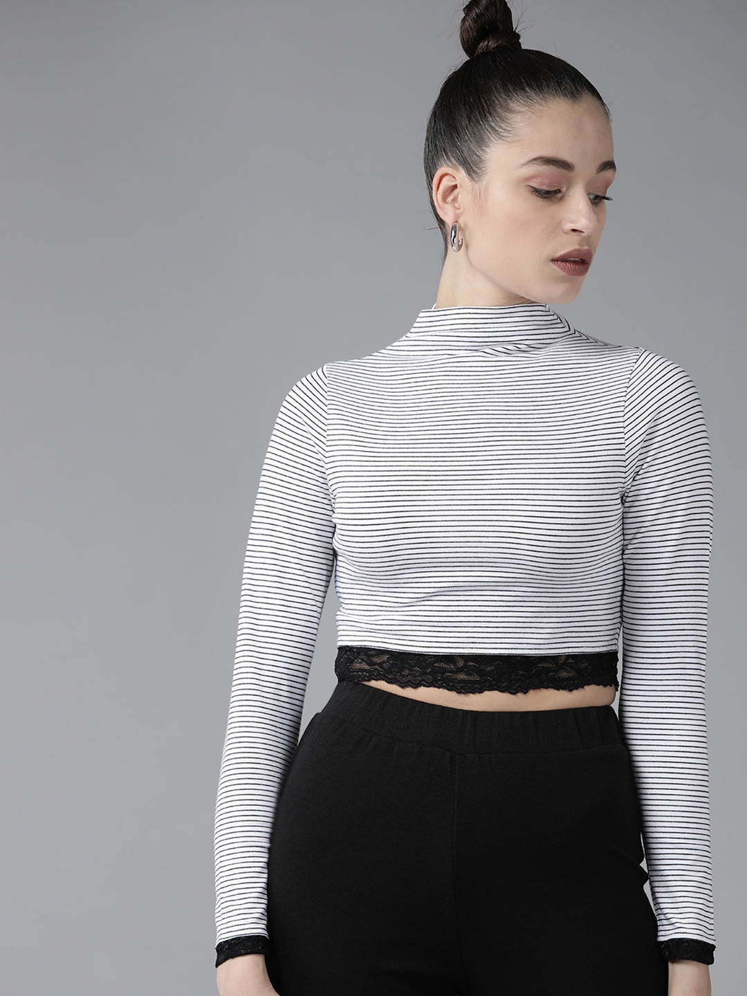 KASSUALLY Women Black & White High Neck Pure Cotton Crop Top