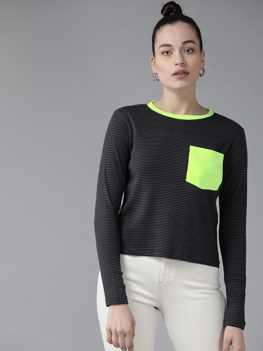 KASSUALLY Black & Charcoal Grey Pocket Detailing Pure Cotton Top