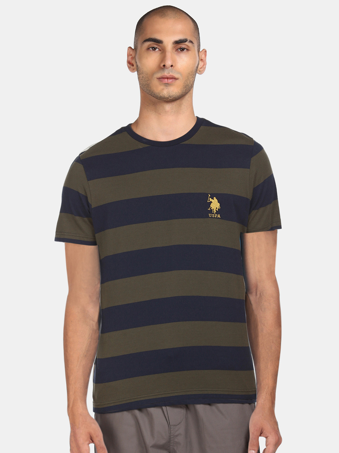 U.S. Polo Assn. Men Olive Green & Navy Blue Striped Lounge T-Shirt