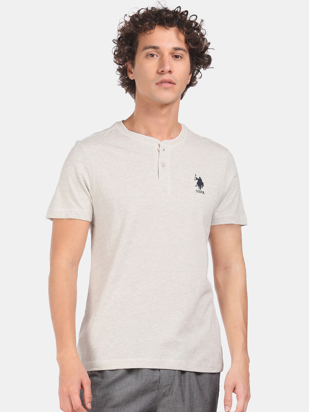 U.S. Polo Assn Mens Grey Melange & Yellow Cotton T-shirt