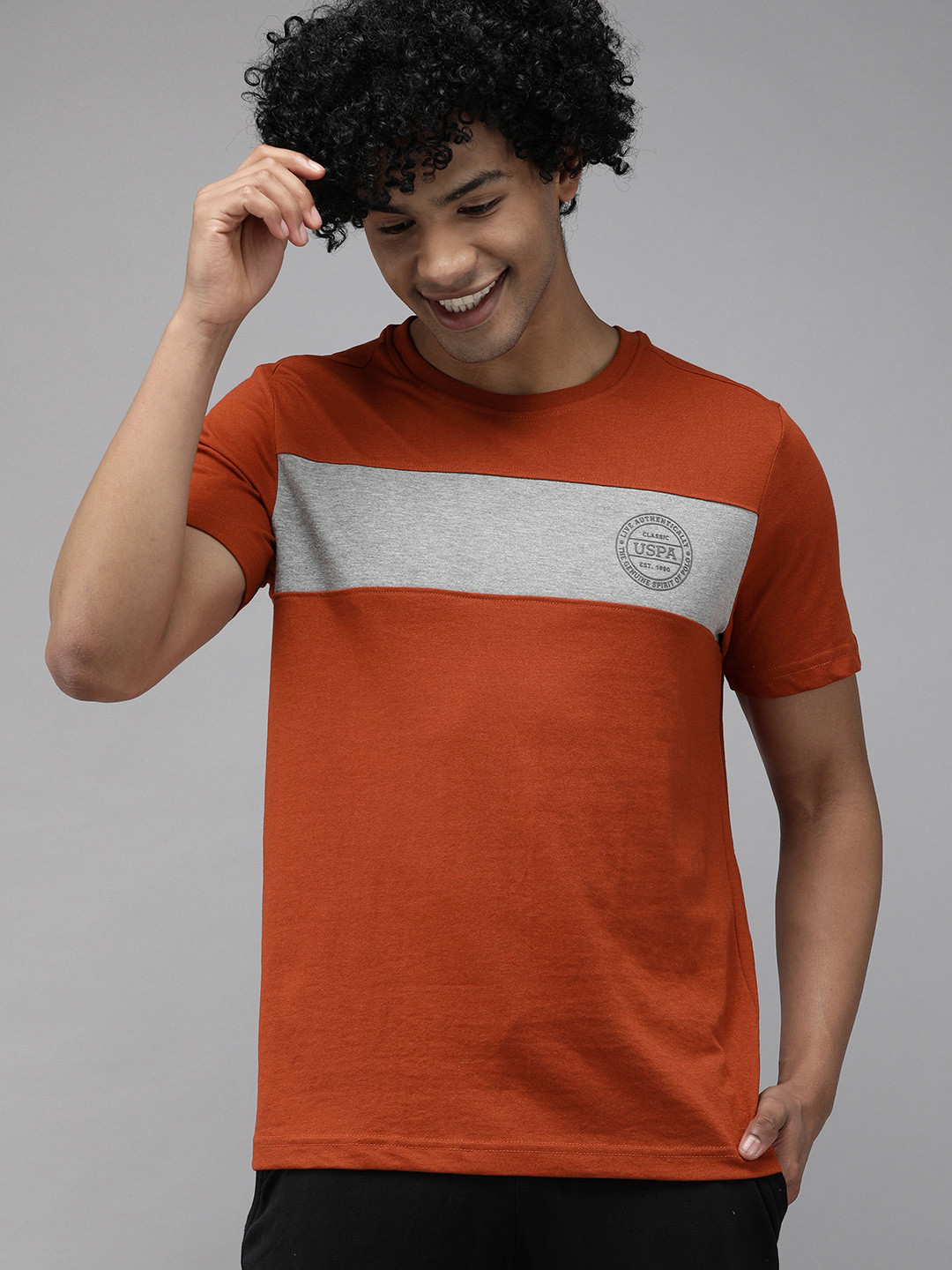 U.S. Polo Assn. Men Orange & Grey Colourblocked Lounge T-shirt