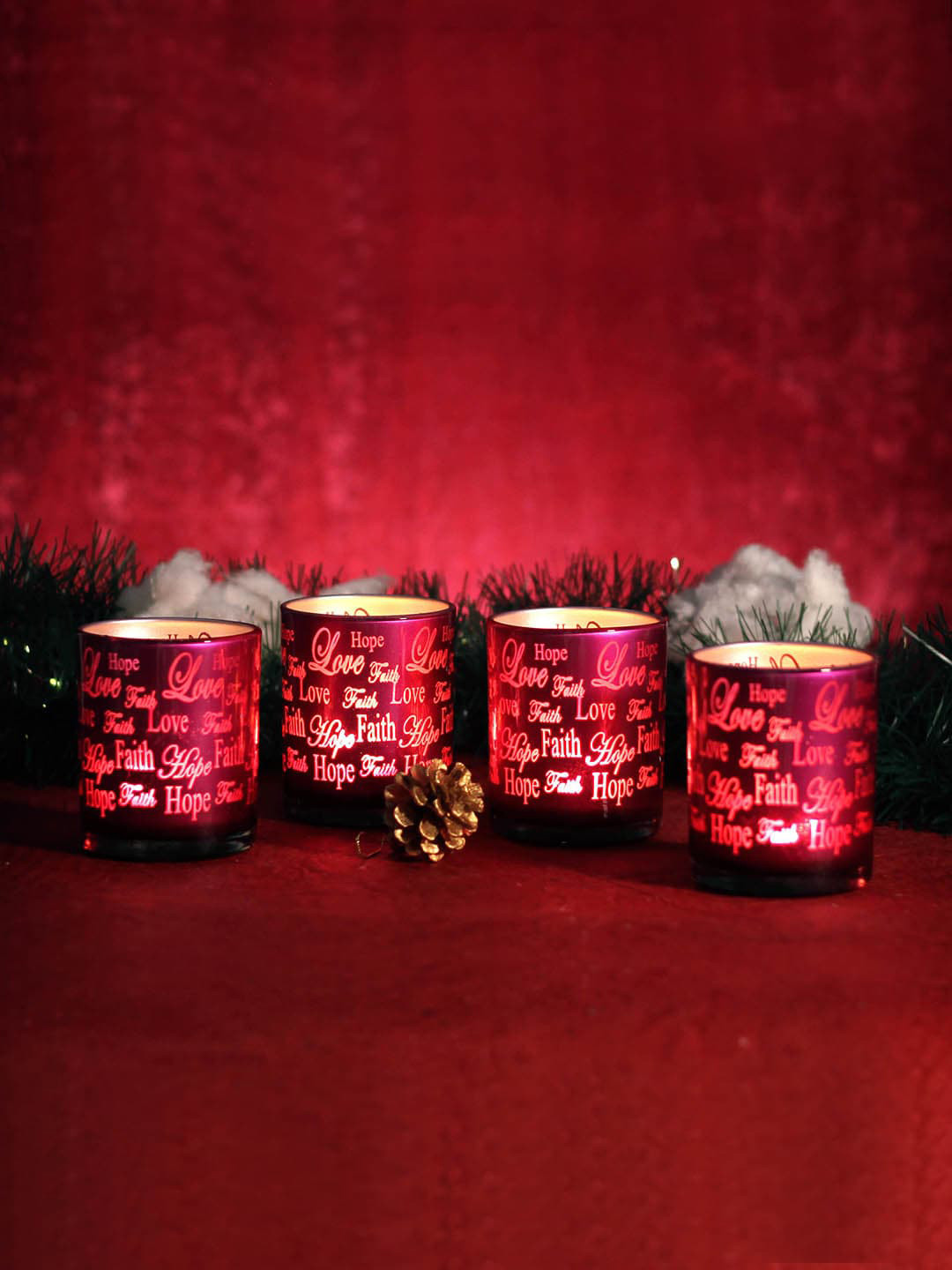 TIED RIBBONS Set of 4 Purple Christmas Decoartaion Glass Votive Tea Light Candle Holder