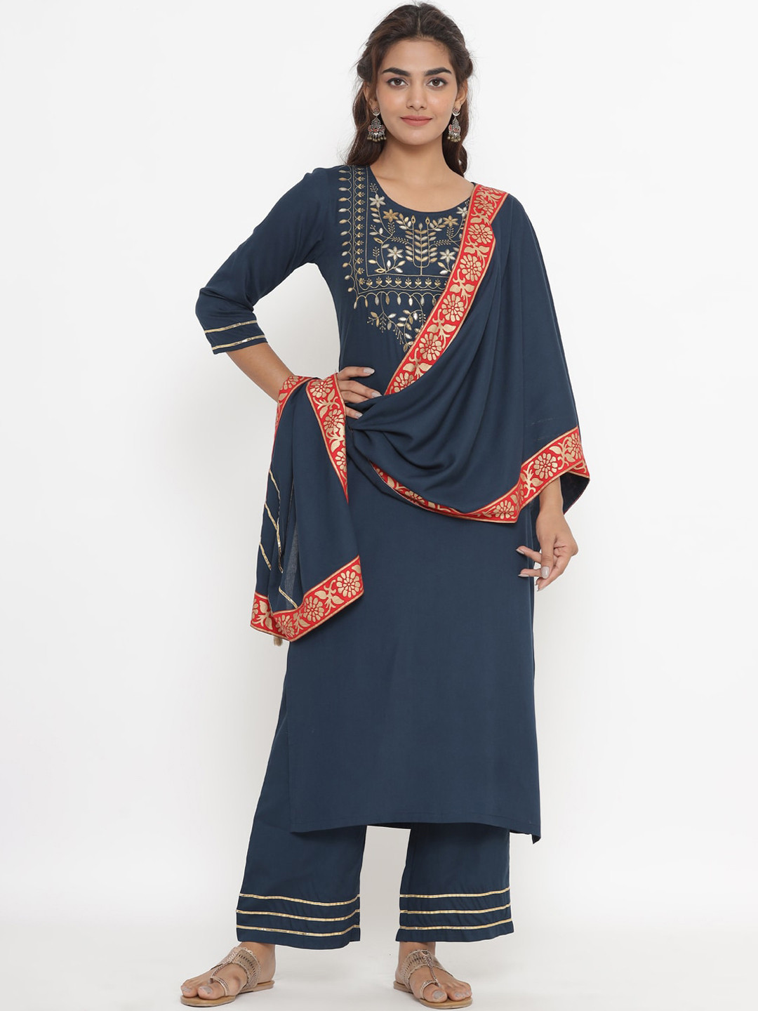 Fabriko Women Navy Blue Yoke Design Gotta Patti Kurta with Palazzos & Dupatta