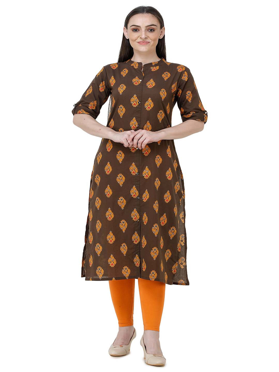 Lavanya Women Brown & Orange Geometric Pure Cotton Printed Kurta