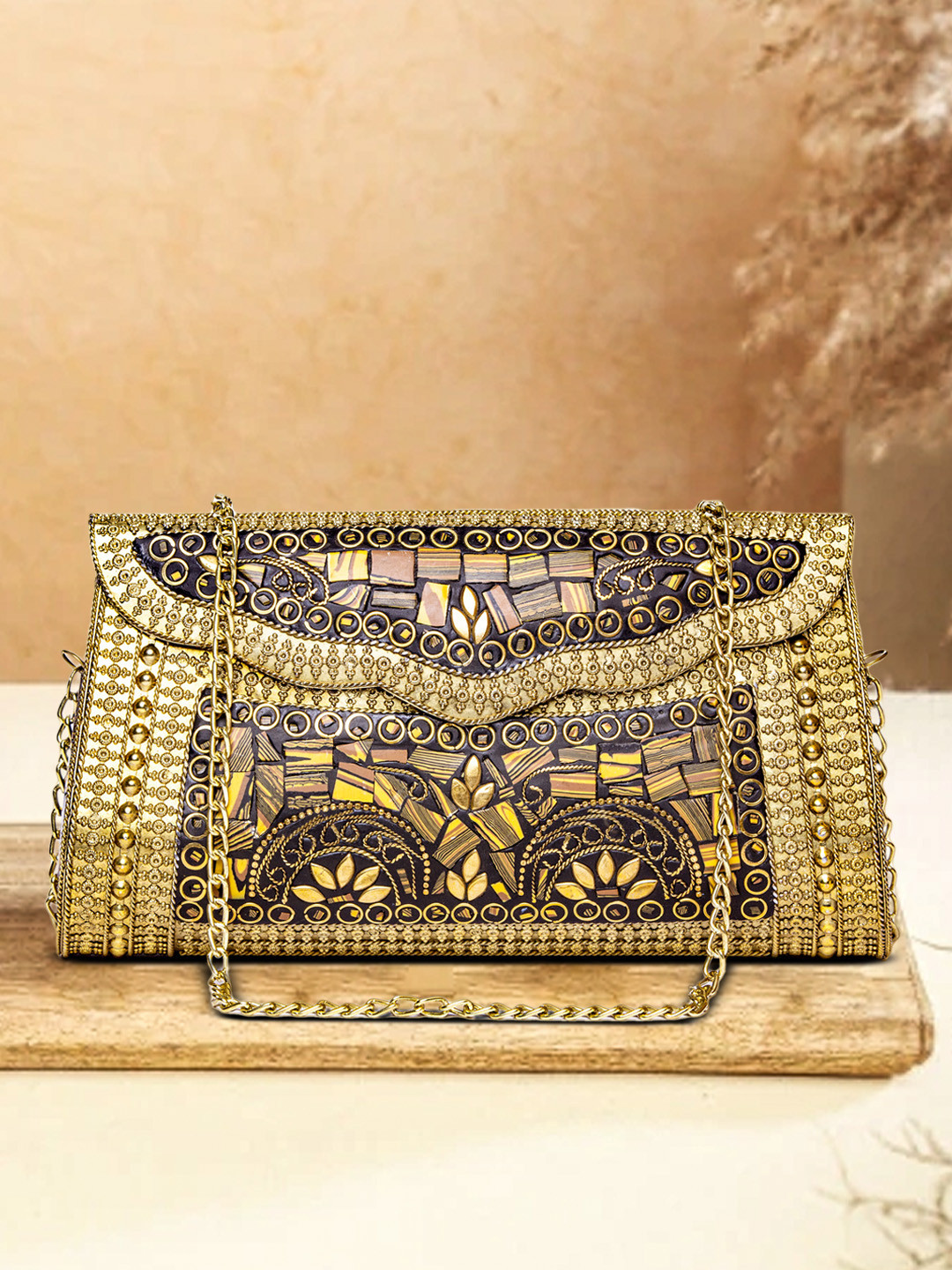 ARTFLYCK Gold-Toned Embellished Tiger Metallic Evening Envelope Clutch