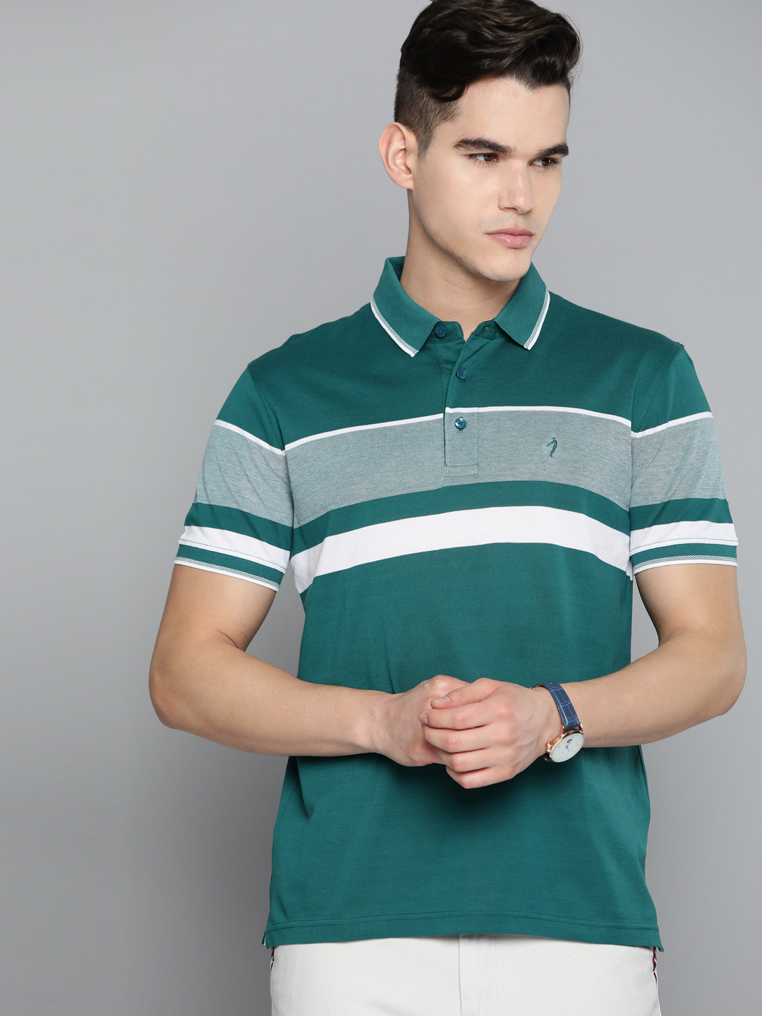 Indian Terrain Striped Polo Collar Pure Cotton T-shirt