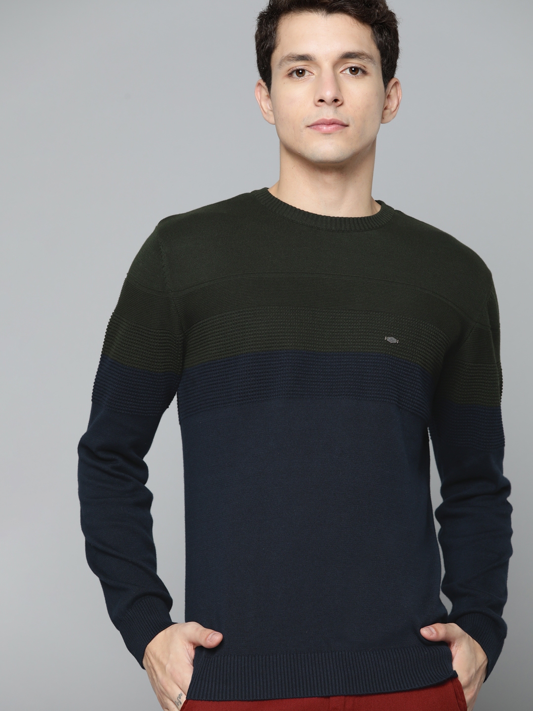 Indian Terrain Men Navy Blue Olive Green Pure Cotton Colourblocked Pullover