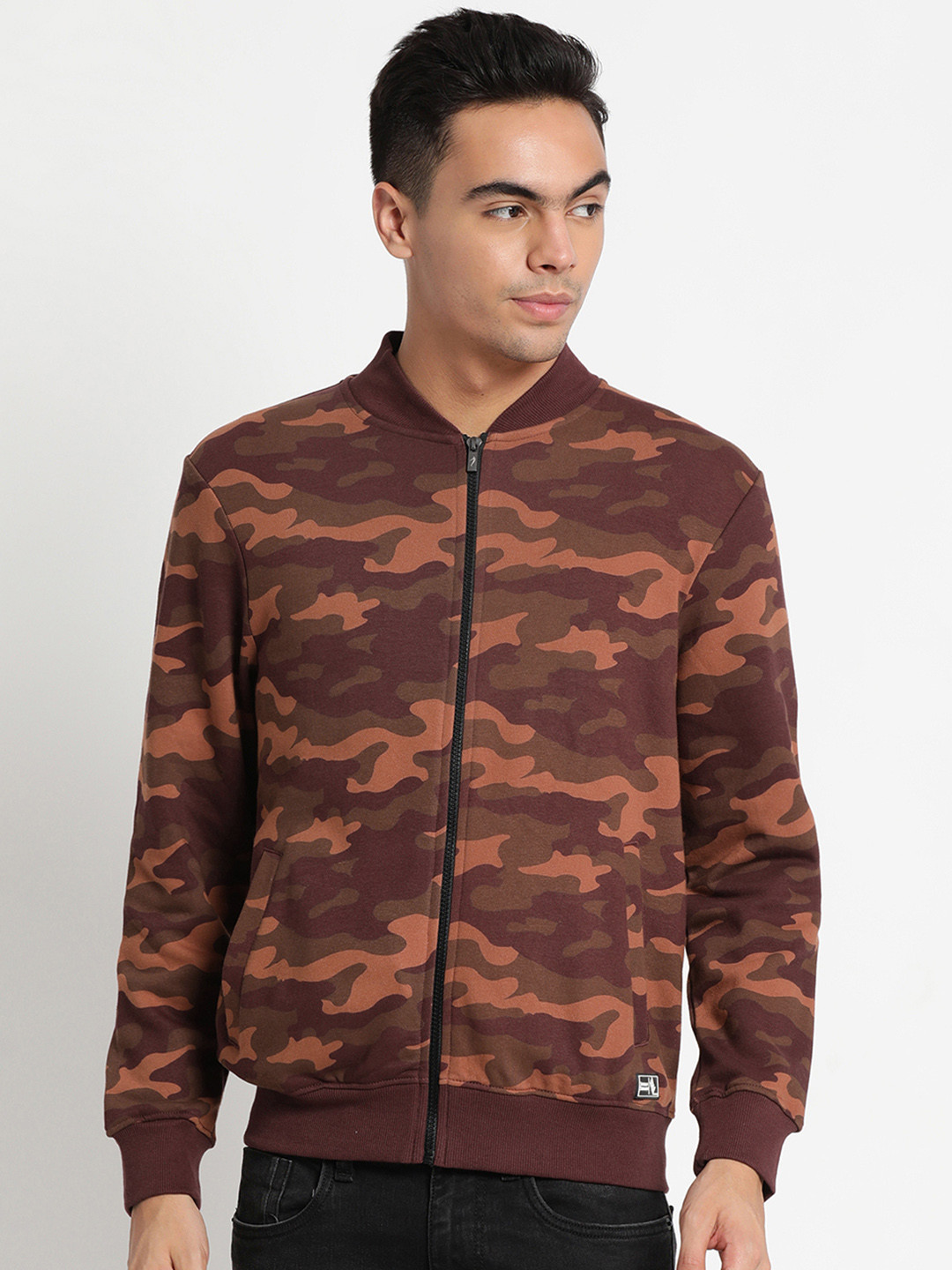 Indian Terrain Men Brown & Rust Orange Camouflage Printed Sweatshirt