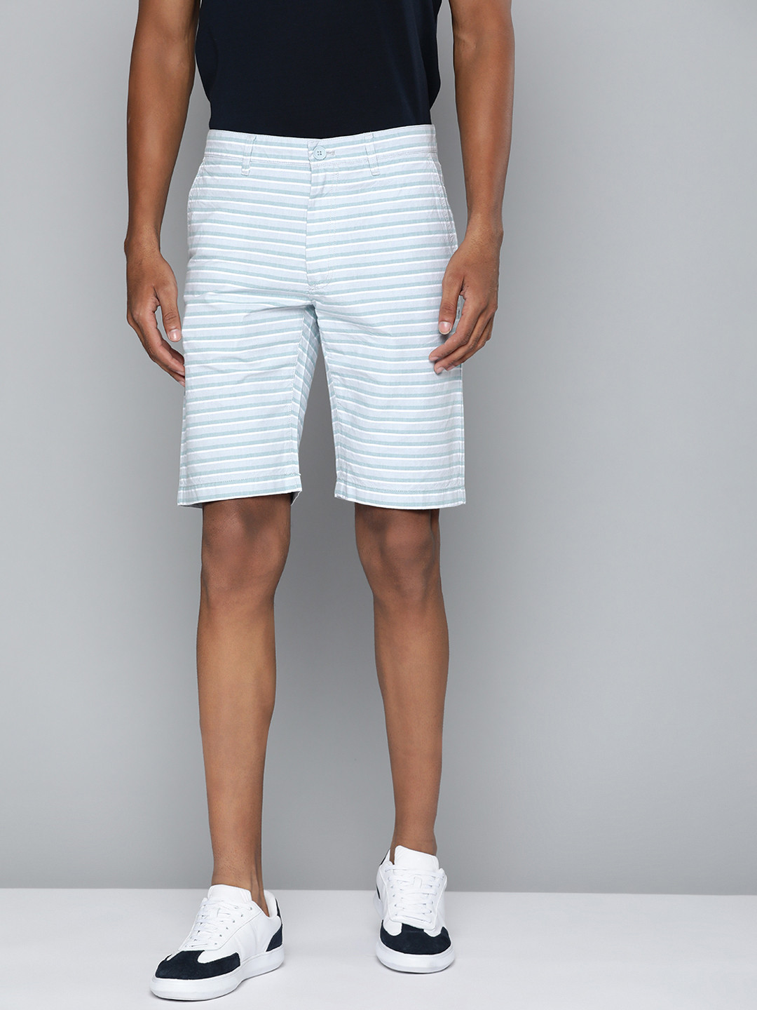 Indian Terrain Men Blue & White Striped Slim Fit Chino Pure Cotton Shorts