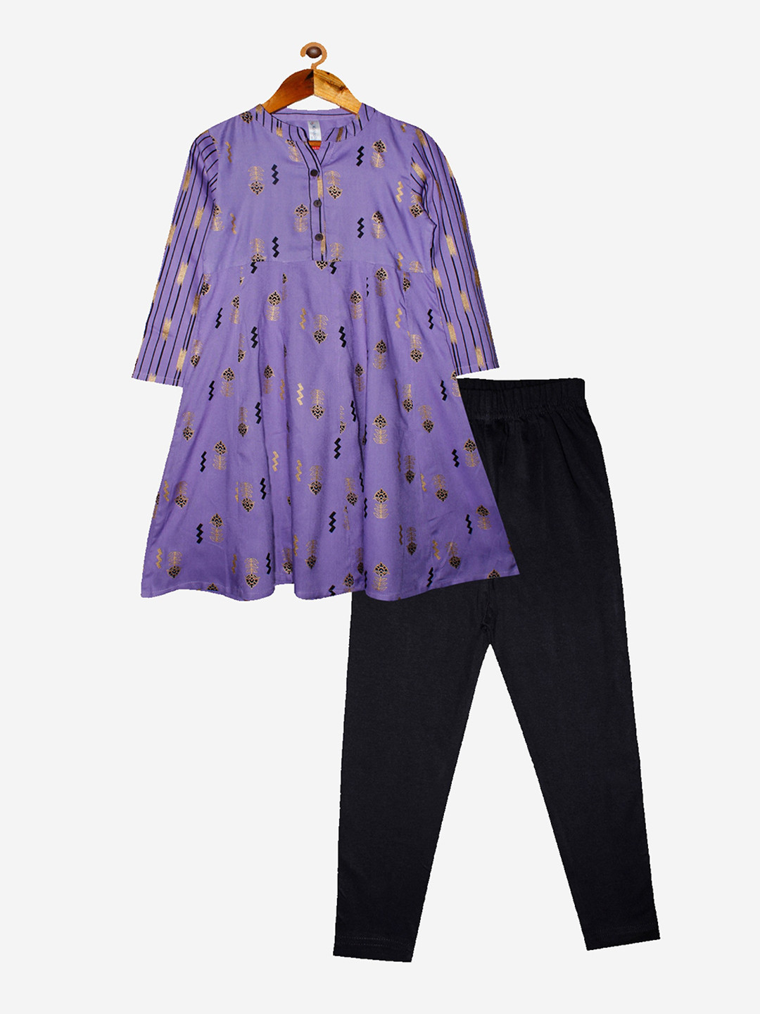 KiddoPanti Girls Purple Printed Regular Kurta with Pyjamas