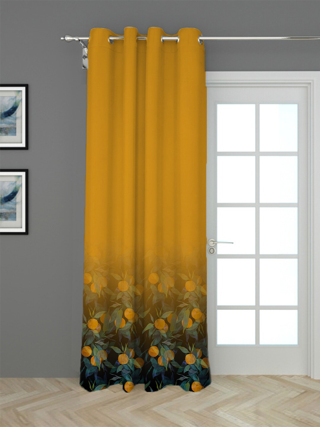 HOUZZCODE Yellow & Black Floral Black Out Long Door Curtain
