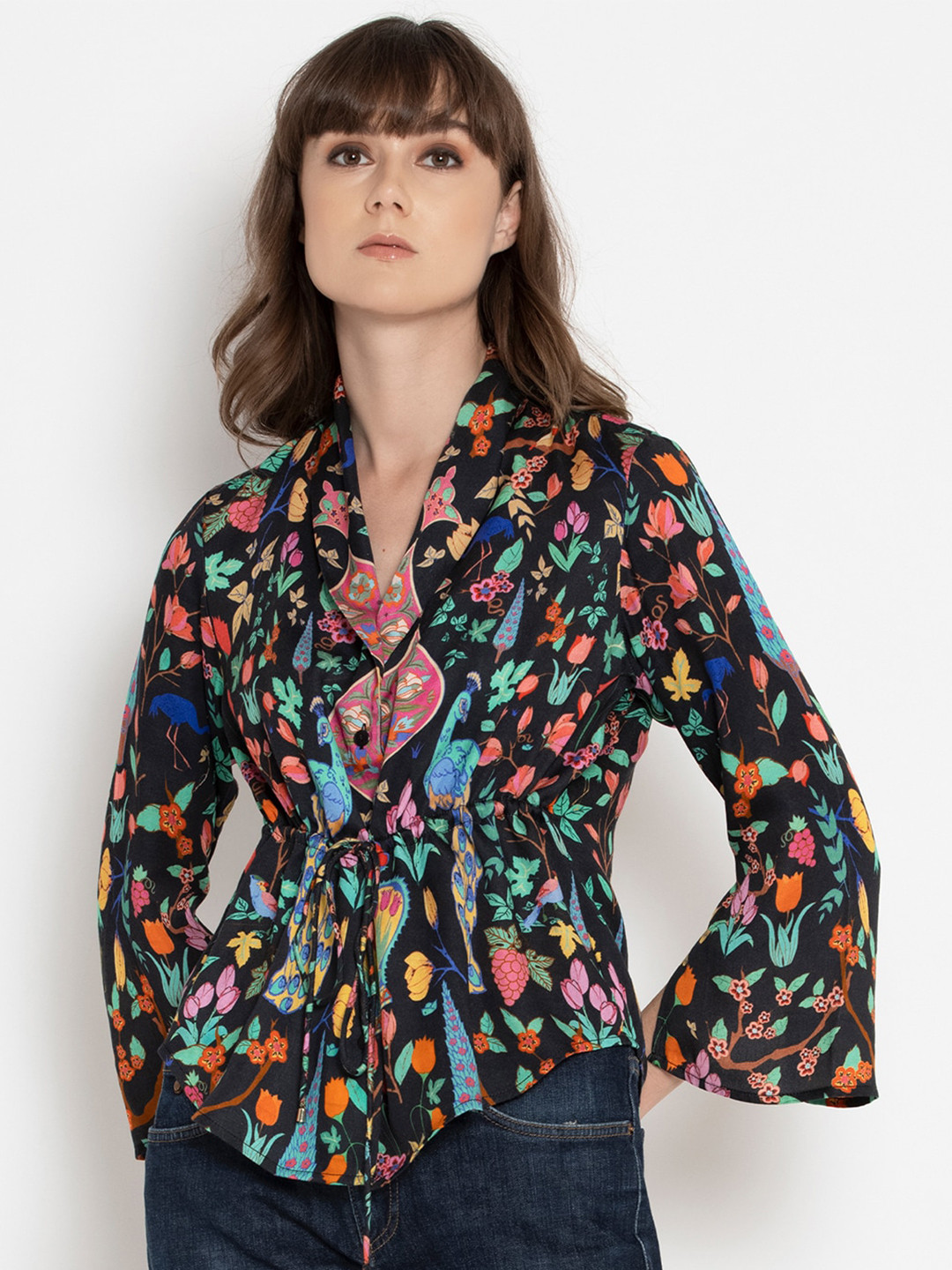 SHAYE Black Floral Cinched Waist Top