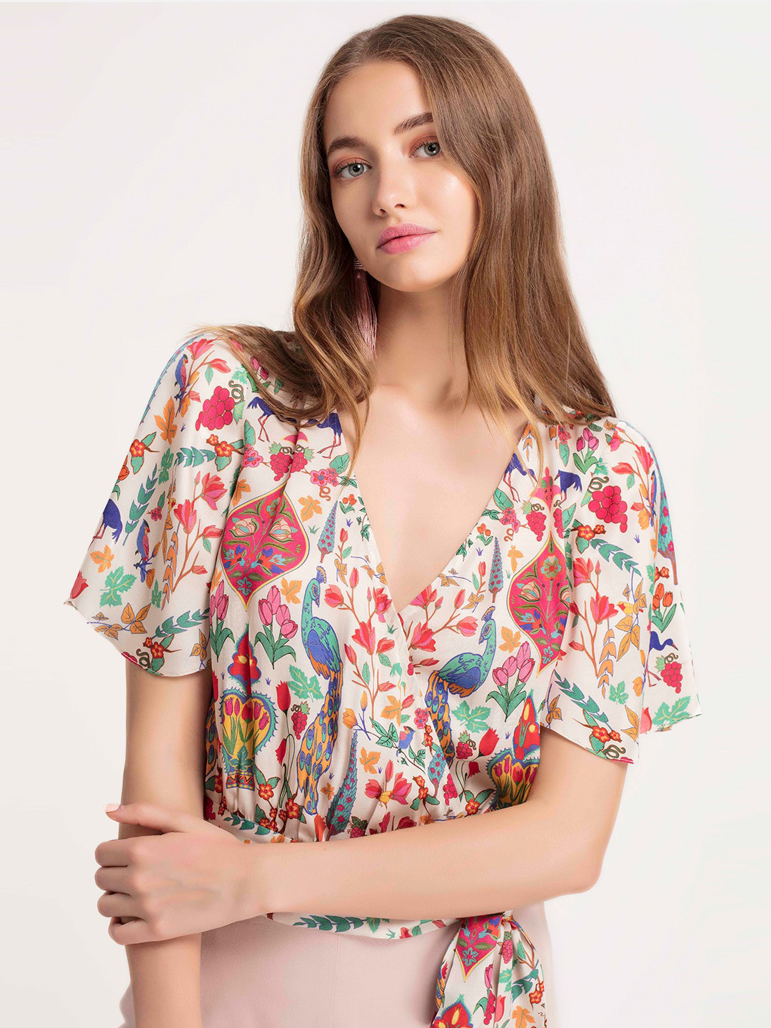 SHAYE Cream-Coloured Floral Wrap Top