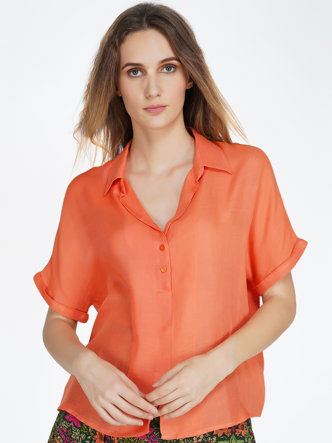 SHAYE Coral Extended Sleeves Shirt Style Top