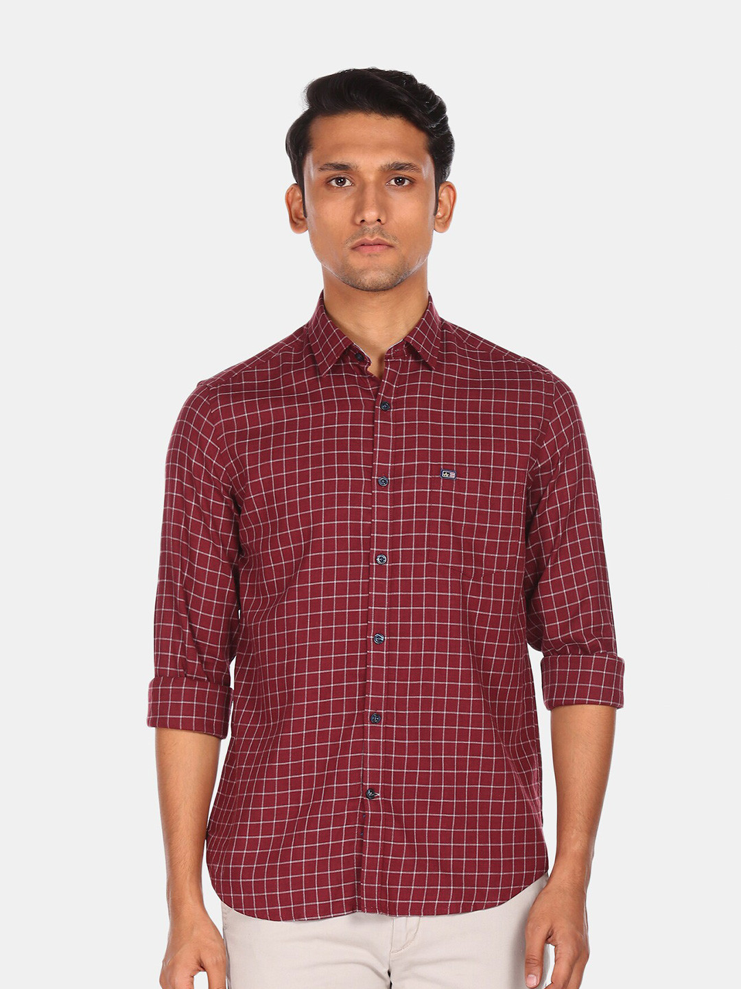 Arrow Sport Men Maroon & White Opaque Checked Cotton Blend Casual Shirt
