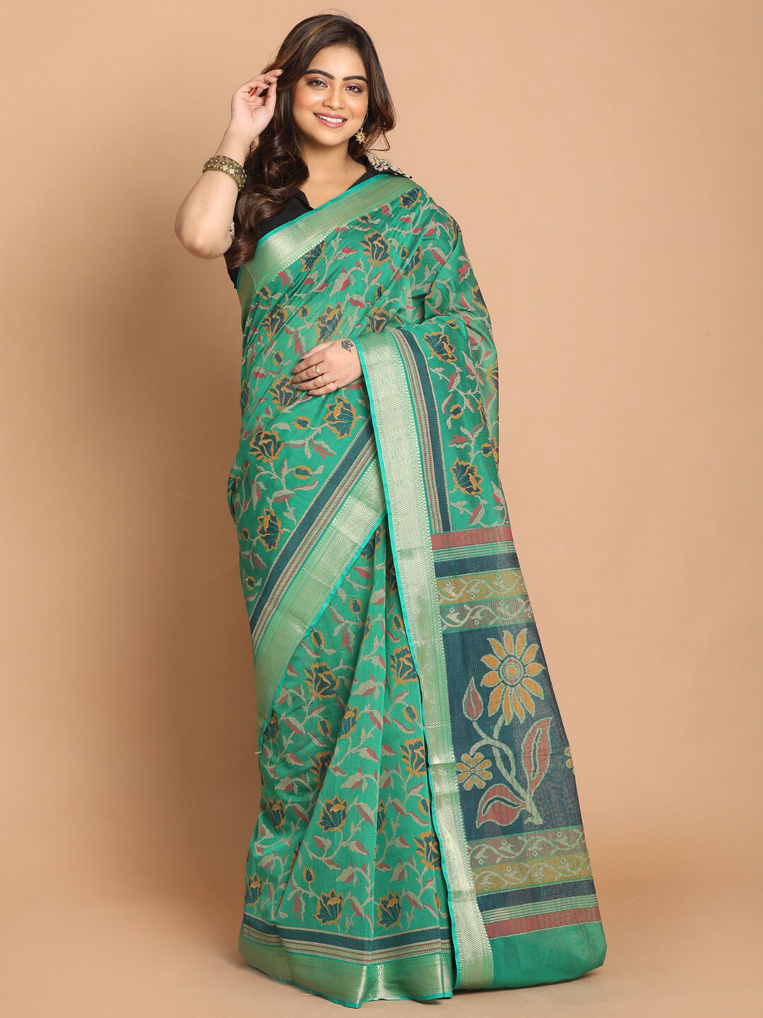 Saranee Green & Silver Floral Silk Blend Saree