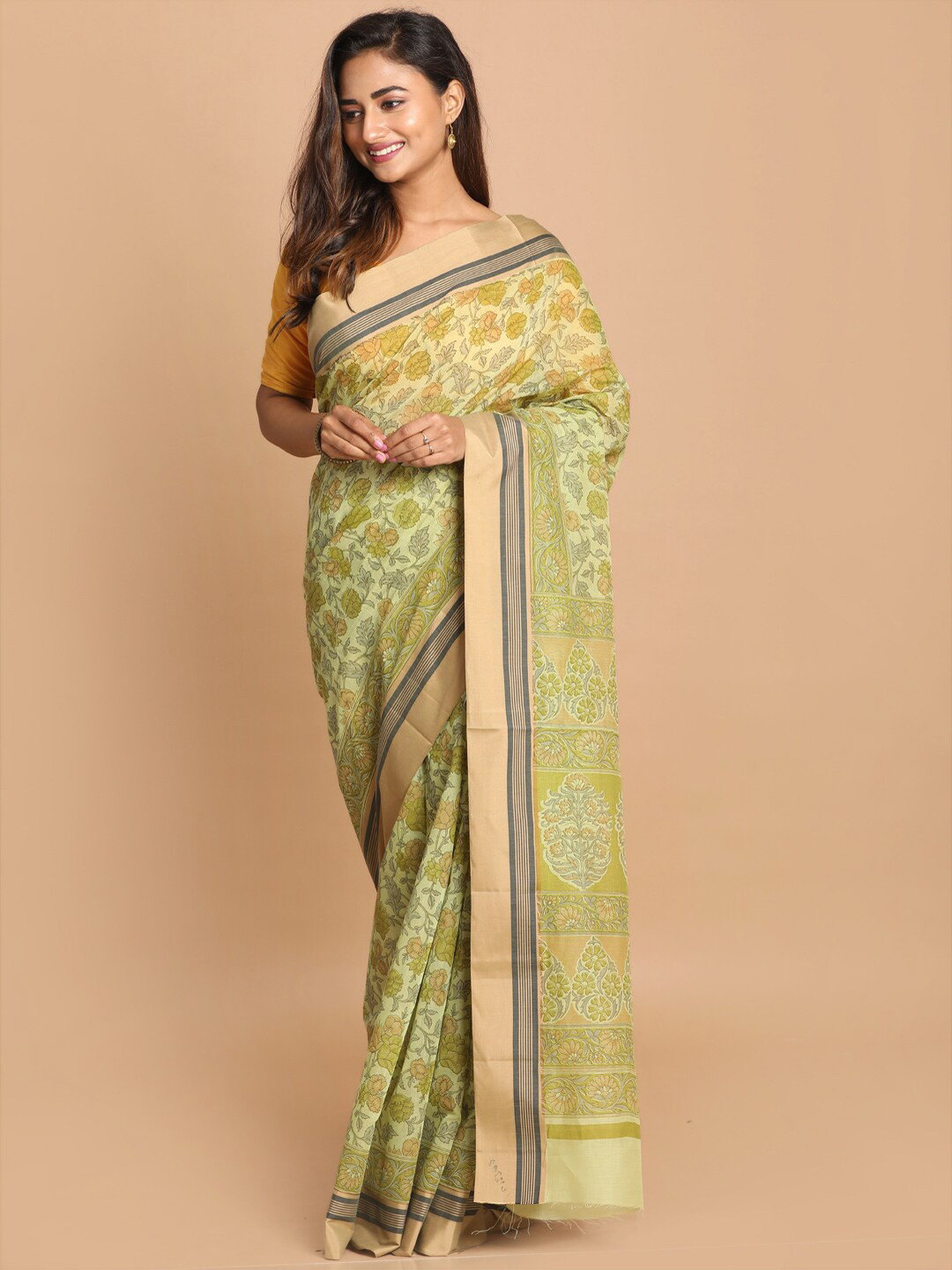 Saranee Lime Green & Tan Floral Saree