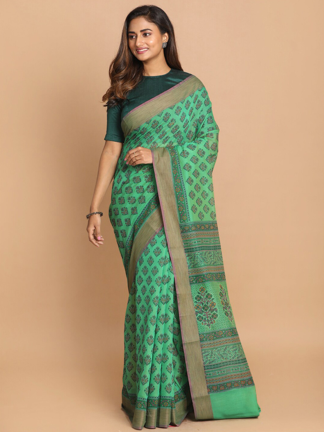 Saranee Green & Pink Floral Saree