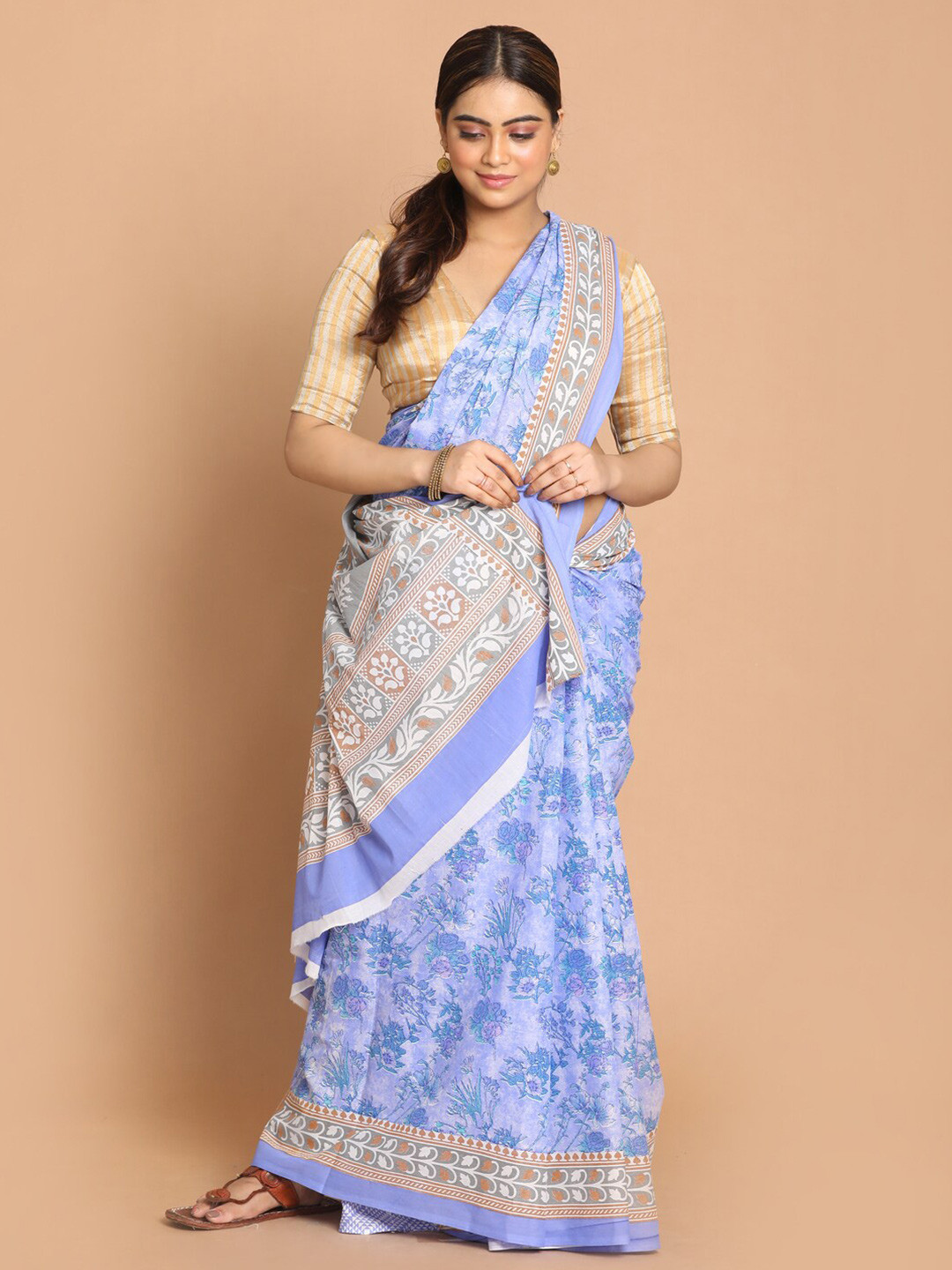 Saranee Lavender & Blue Floral Printed Pure Cotton Saree