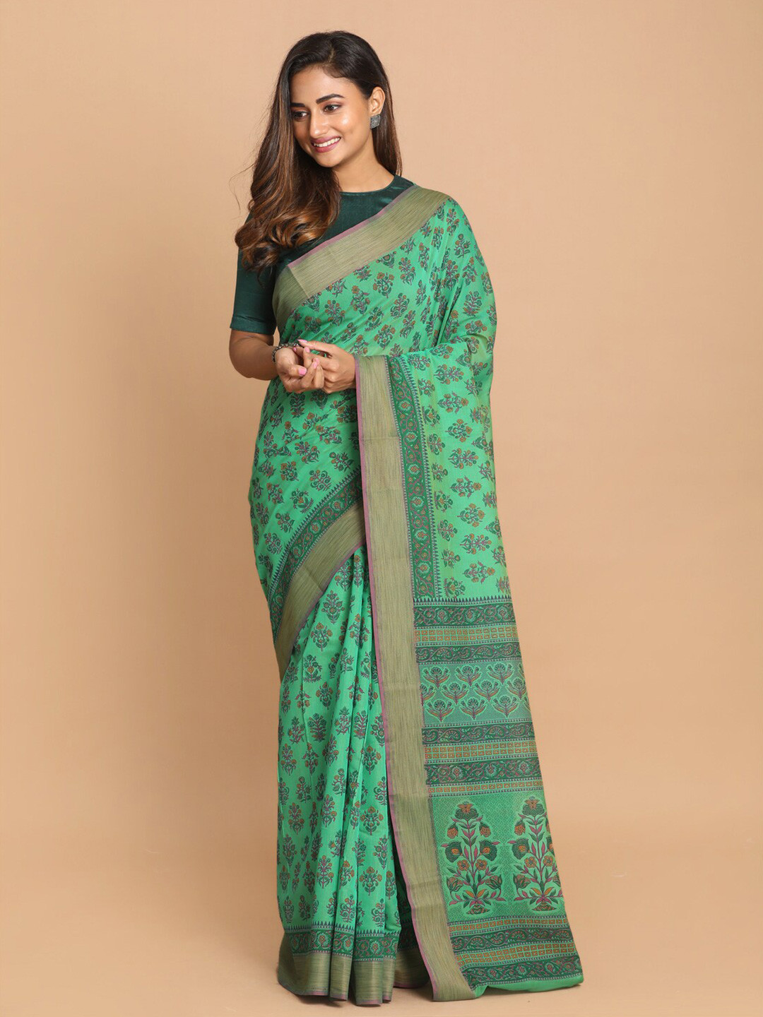 Saranee Green & Tan Floral Printed Saree