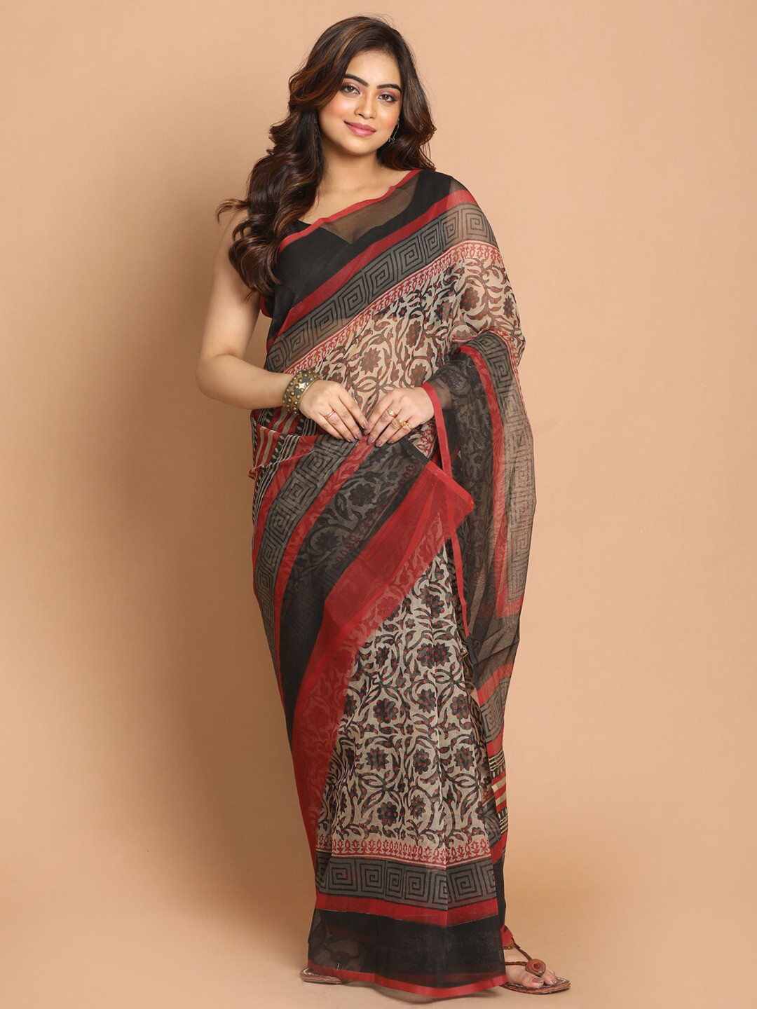 Indethnic Black & Cream-Coloured Floral Supernet Saree