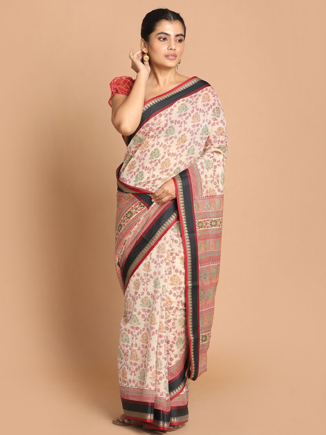 Saranee Maroon & Pink Floral Printed Zari Saree