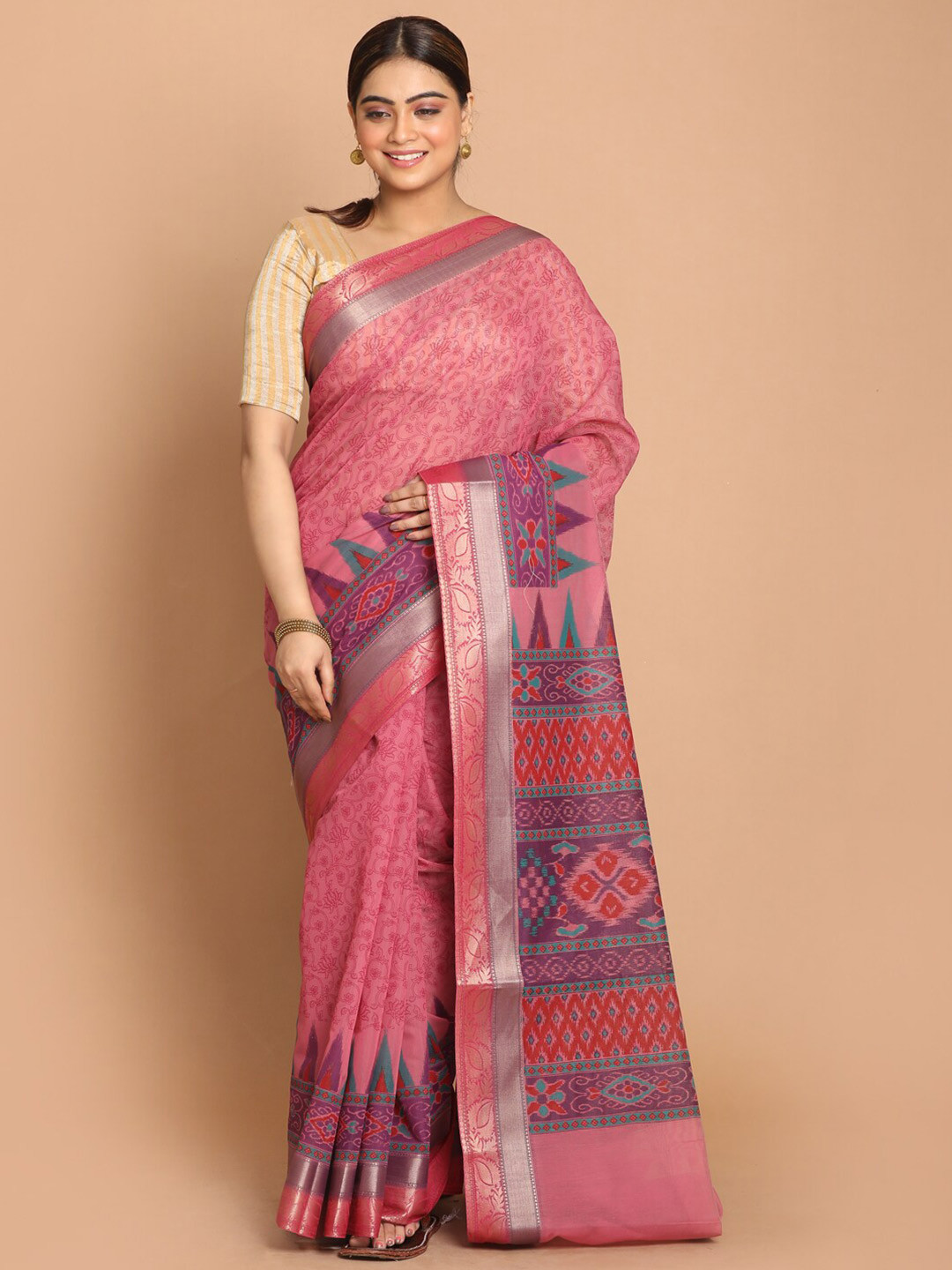 Saranee Pink & Silver-Toned Floral Printed Zari Border Saree