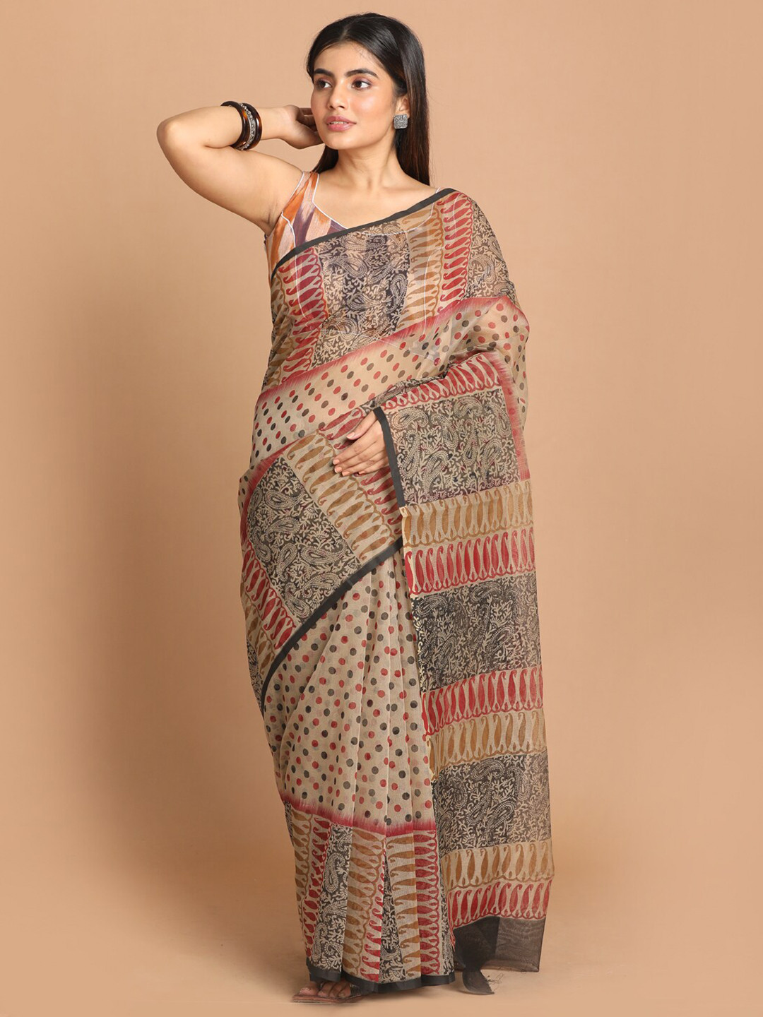 Indethnic Black & Red Ethnic Motifs Supernet Saree
