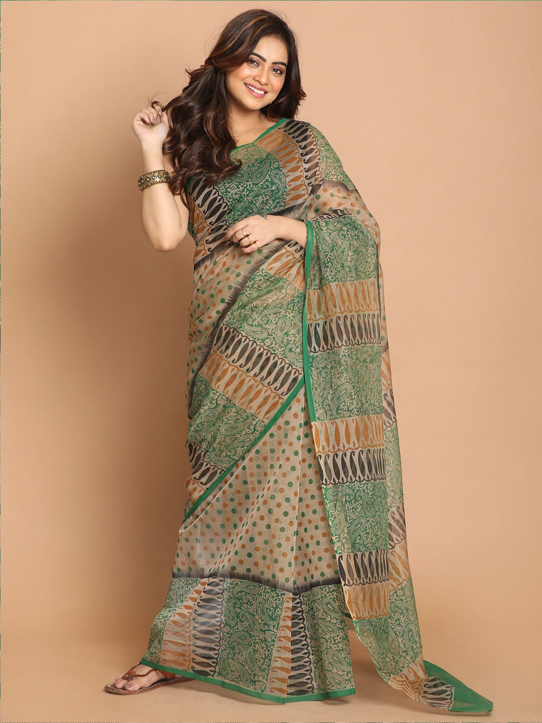 Indethnic Green & Orange Supernet Saree