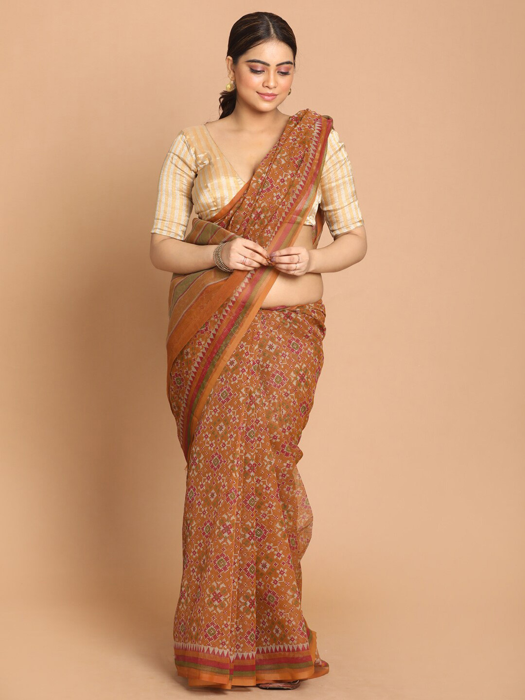 Indethnic Tan & Pink Ethnic Motifs Supernet Saree