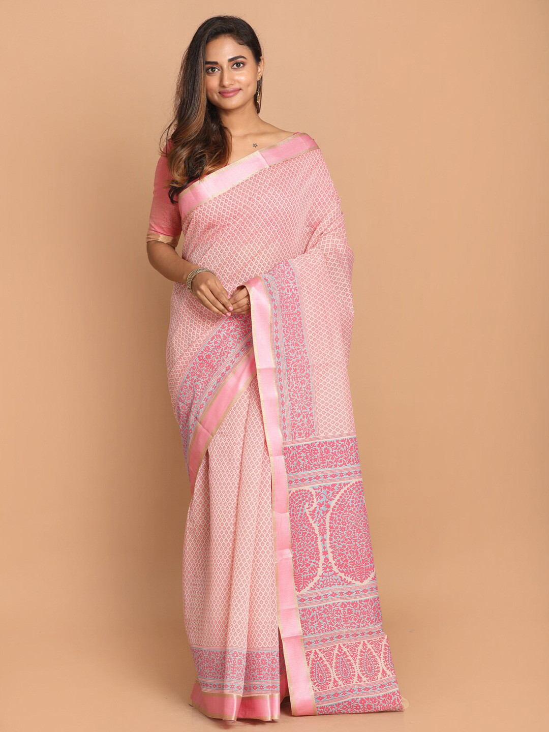 Saranee Pink & Silver-Toned Floral Printed Zari Border Saree