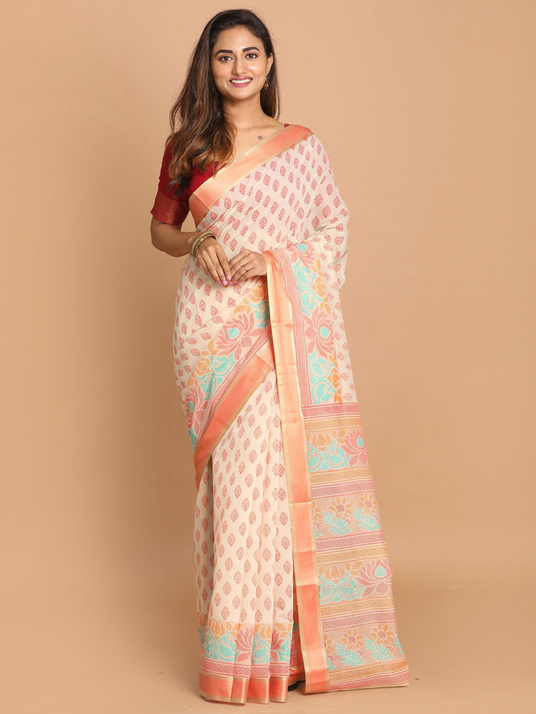 Saranee Orange & Blue Ethnic Motifs Zari Saree