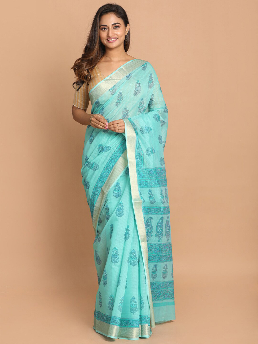 Saranee Turquoise Blue & Gold-Toned Floral Printed Zari Border Saree