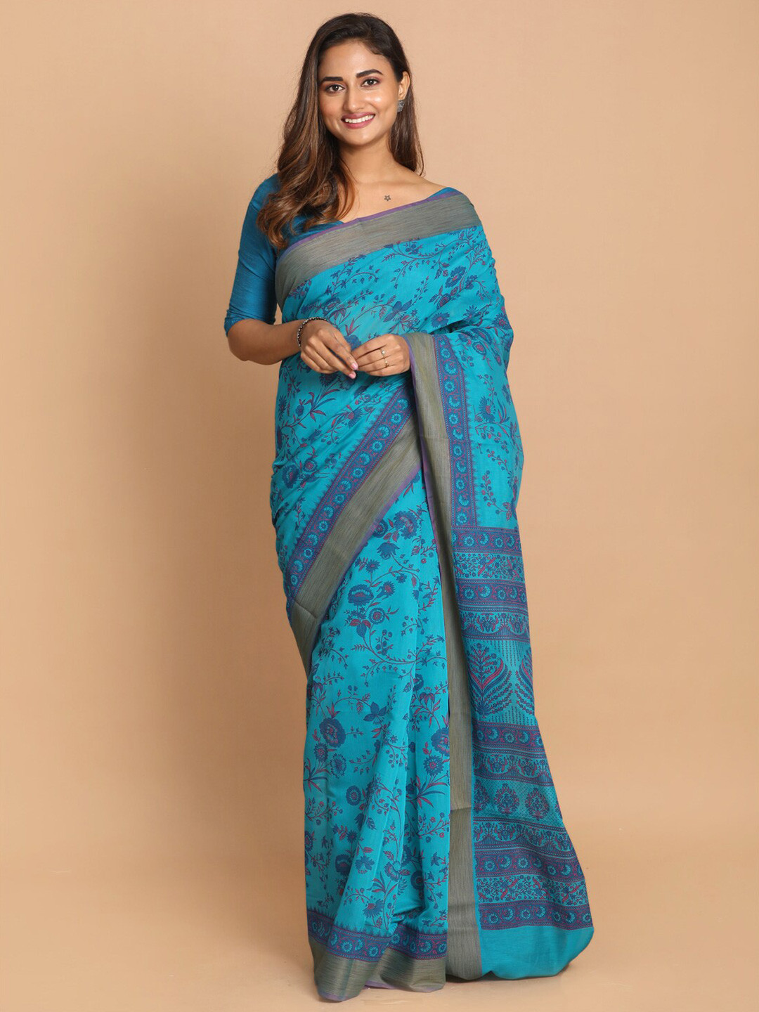 Saranee Blue & Pink Floral Zari Saree
