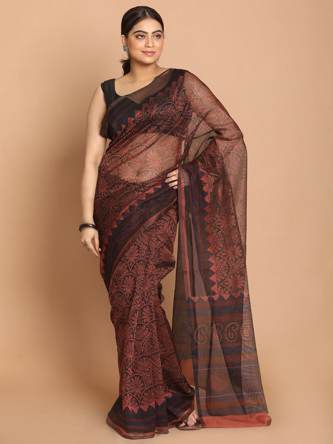 Indethnic Rust & Black Floral Printed Saree